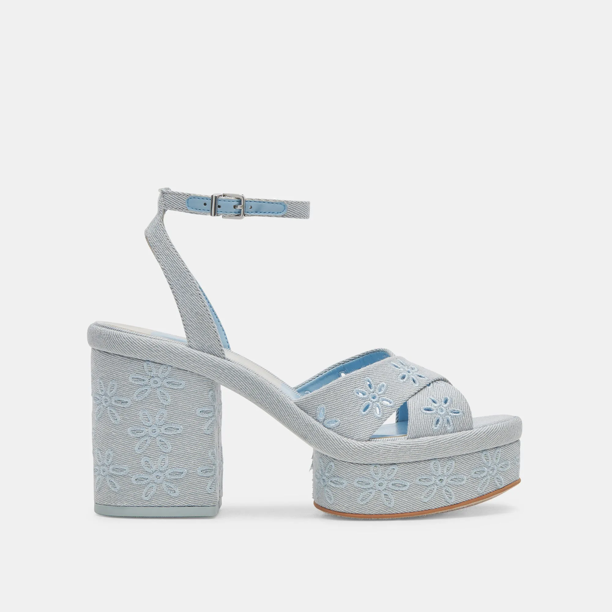 LAISHA HEELS LIGHT BLUE FLORAL EYELET Stylish Wide Strap Heels