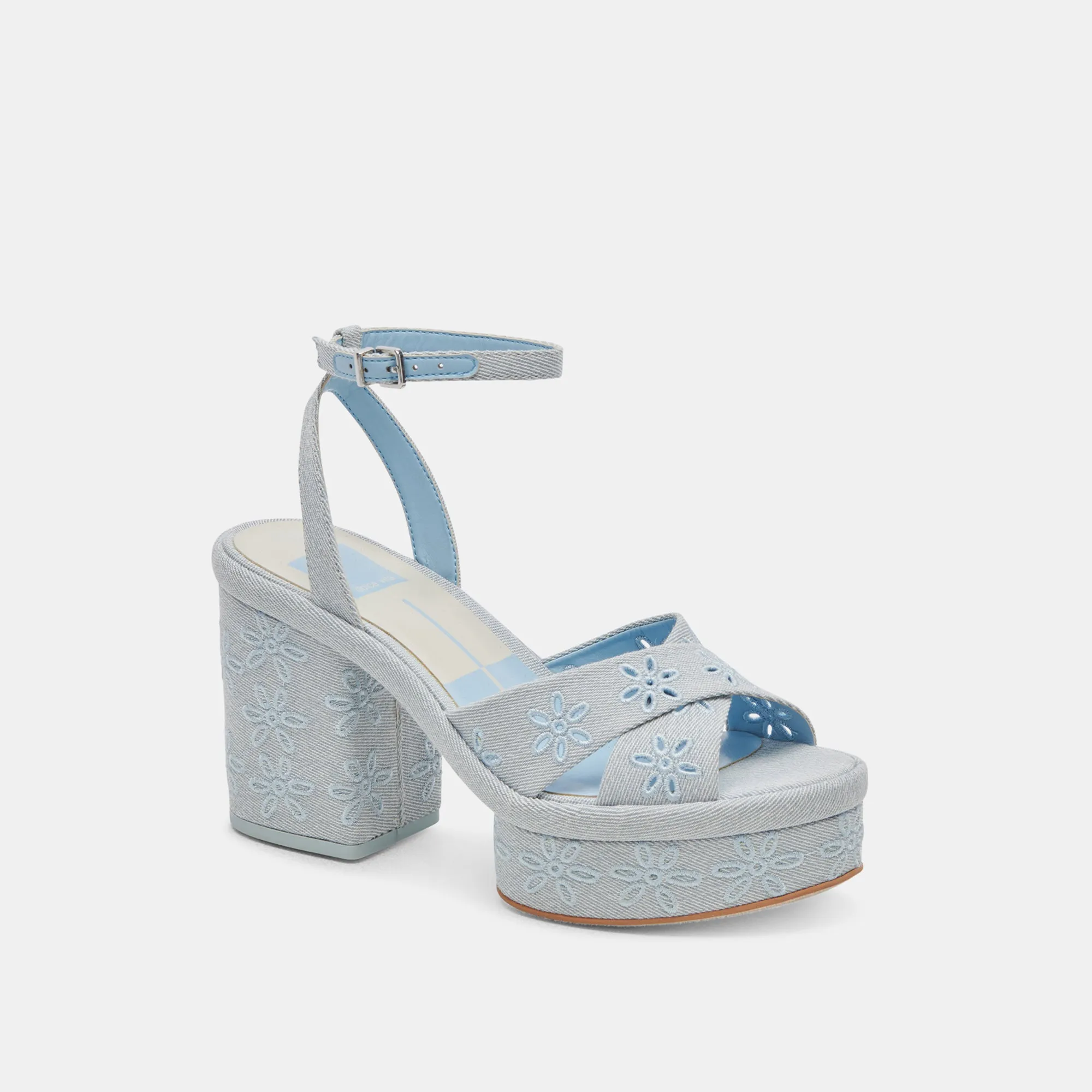 Padded Tongue Black Tie Event Heels LAISHA HEELS LIGHT BLUE FLORAL EYELET