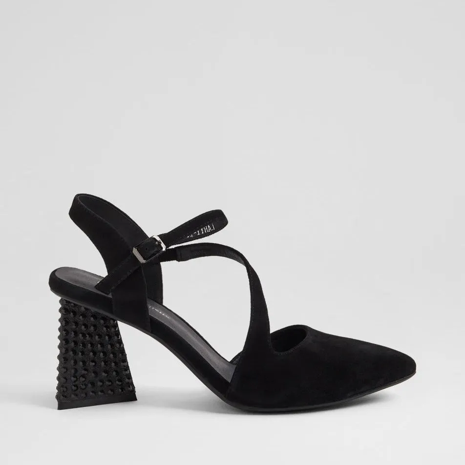 DJANGO & JULIETTE LAHTI BLACK SUEDE Evening Heels for Bridesmaids mesh construction