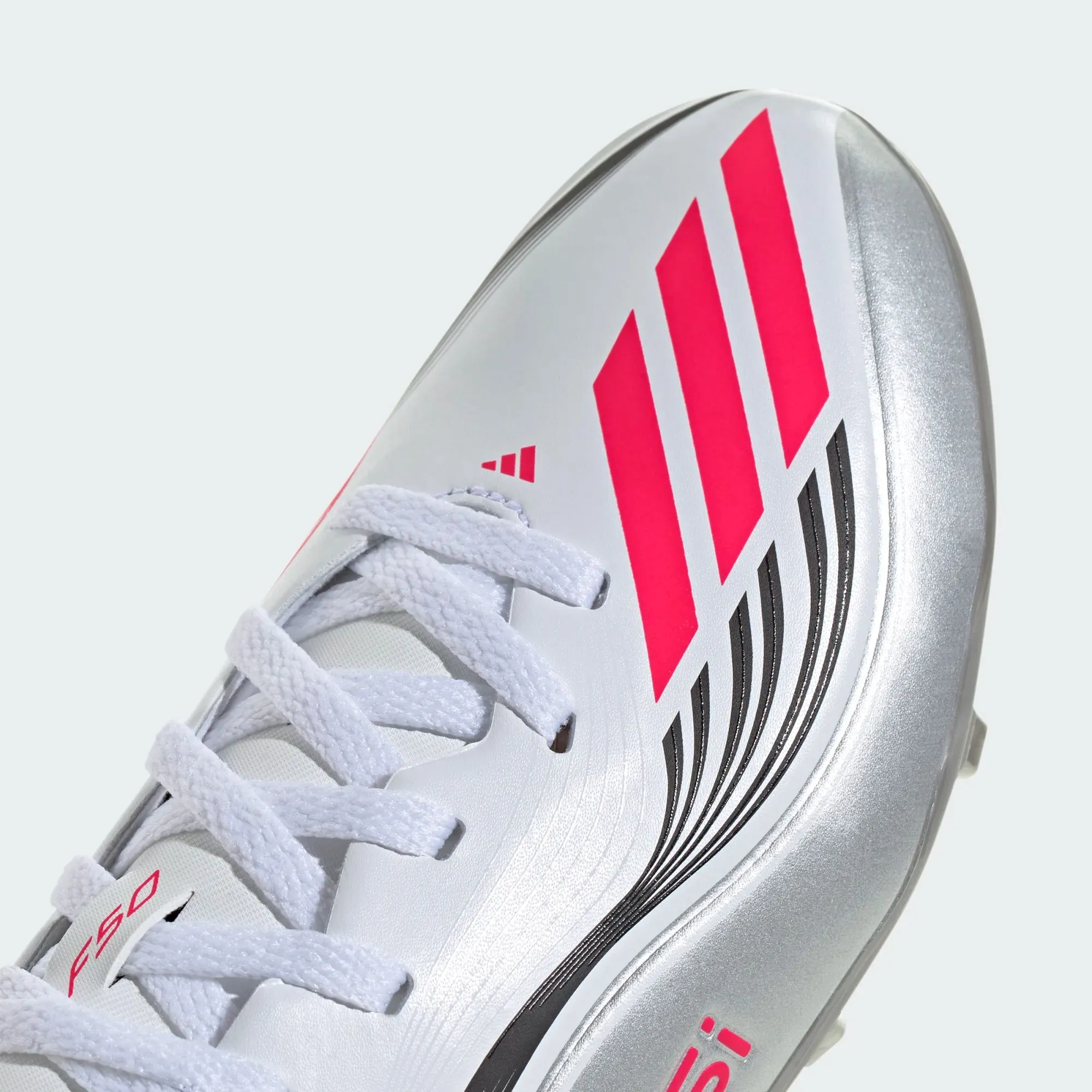 Stable base High Abrasion adidas Youth F50 Messi League FG/MG Junior Soccer Cleats (White/Lucid Red/Silver Metallic)