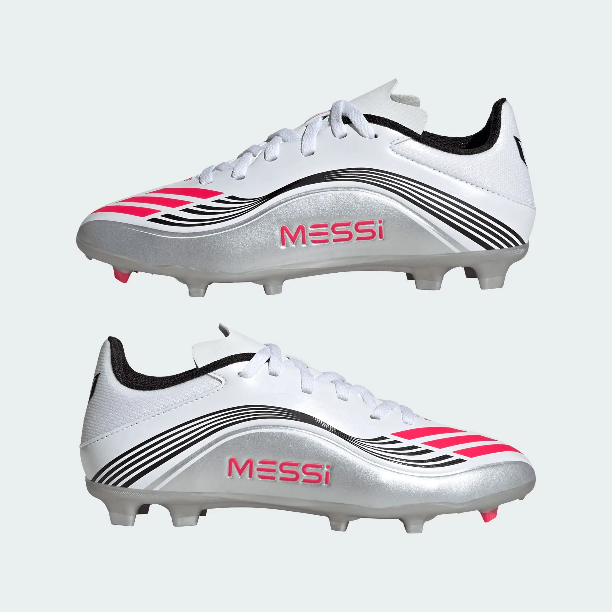 adidas Youth F50 Messi League FG/MG Junior Soccer Cleats (White/Lucid Red/Silver Metallic) Defend Strong Game Passing