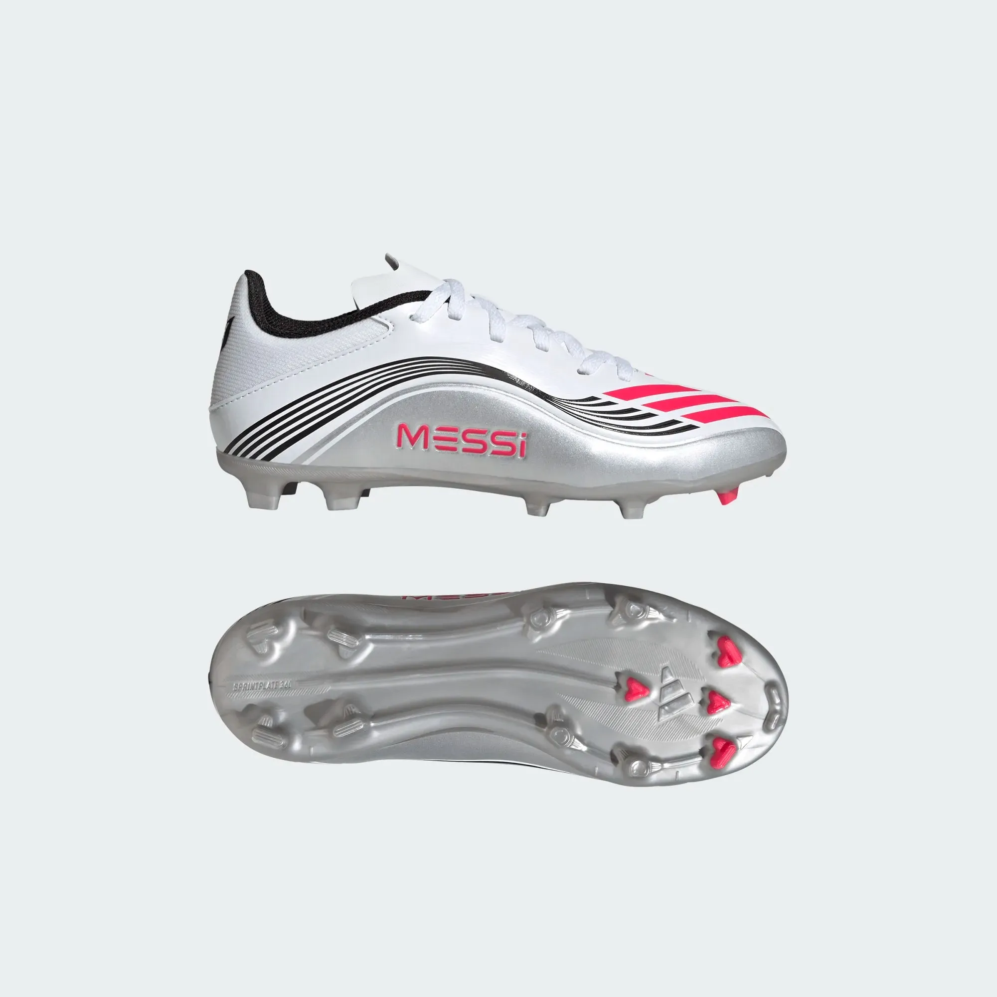 adidas Youth F50 Messi League FG/MG Junior Soccer Cleats (White/Lucid Red/Silver Metallic) Fast Control
