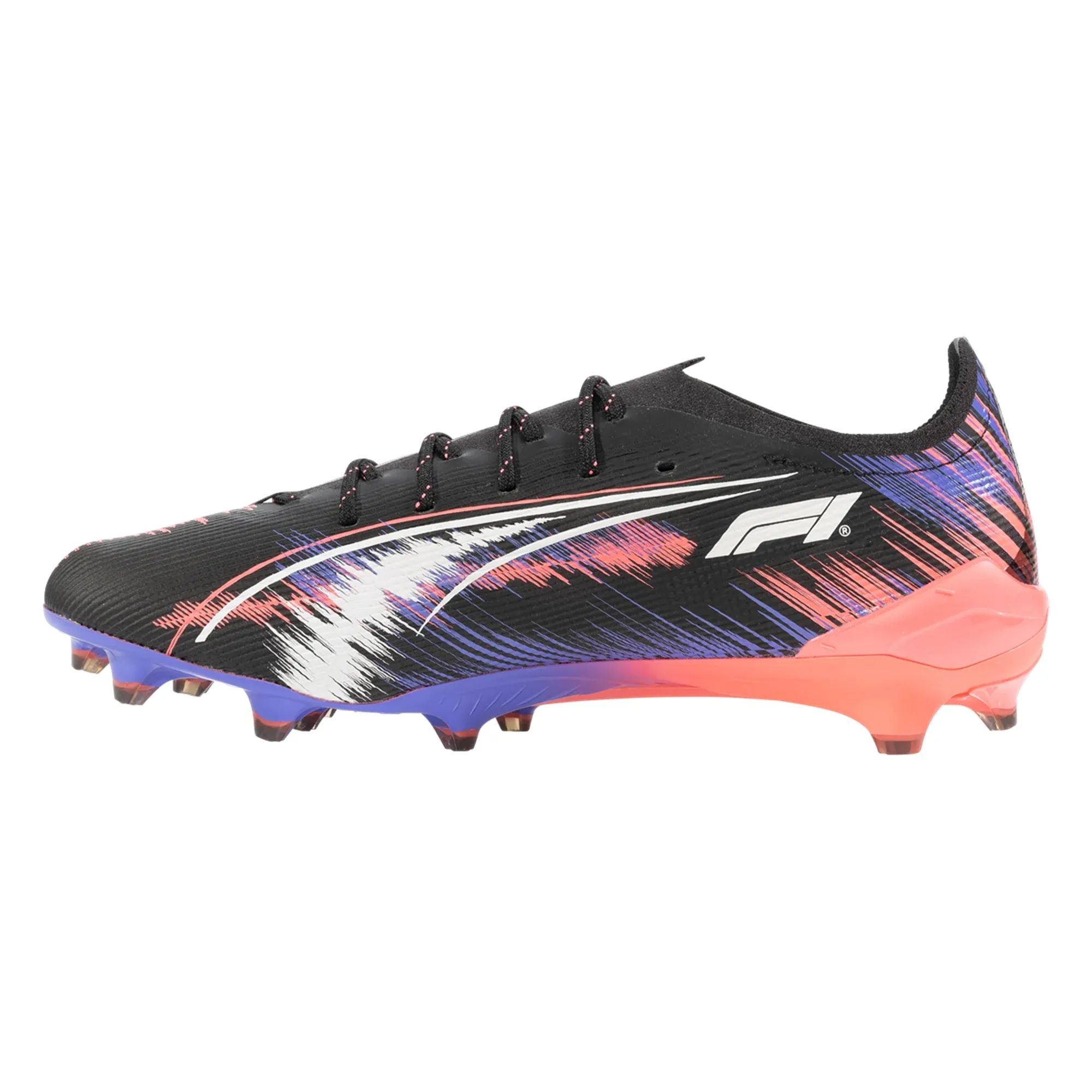 Puma Ultra 5 Ultimate F1 FG Soccer Cleats (Black/Sunset Glow/Dark Amethyst) Ankle Guard