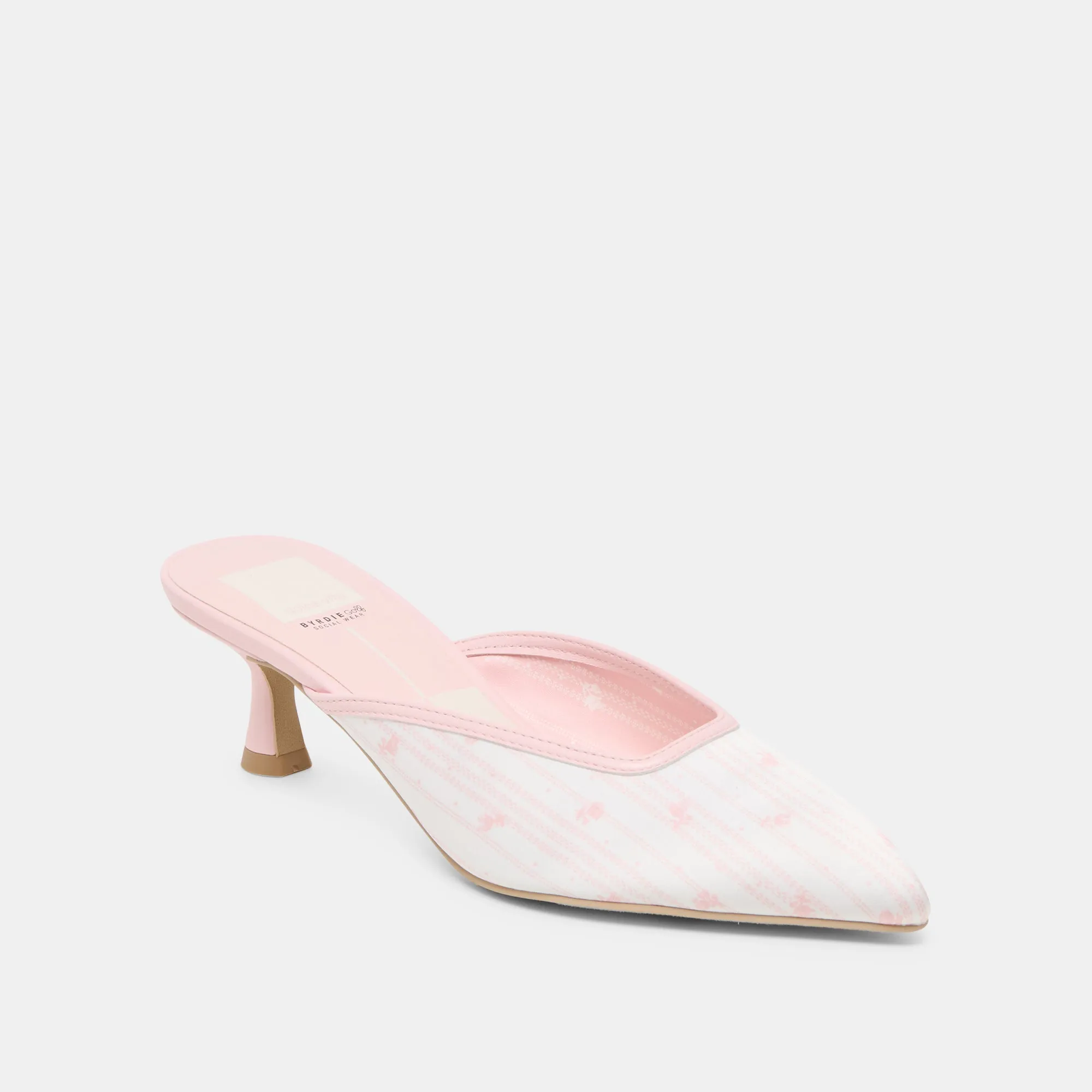 Strappy Heeled Sandals Holiday Heels CLEO X BYRDIE GOLF WIDE HEELS PINK FLORAL SATIN