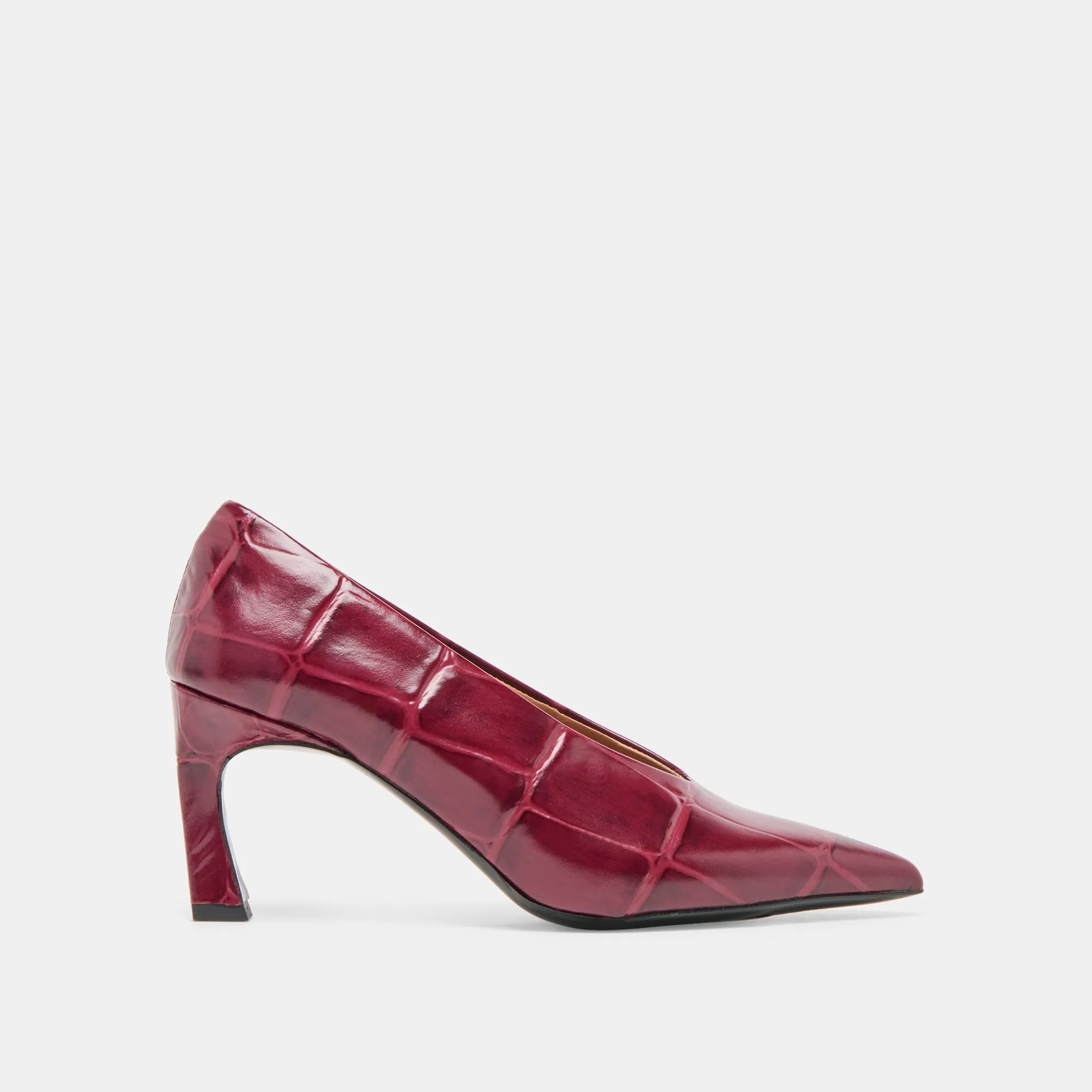 MIDGE HEELS BURGUNDY CROCO EMBOSSED LEATHER Designer Platform Shoes