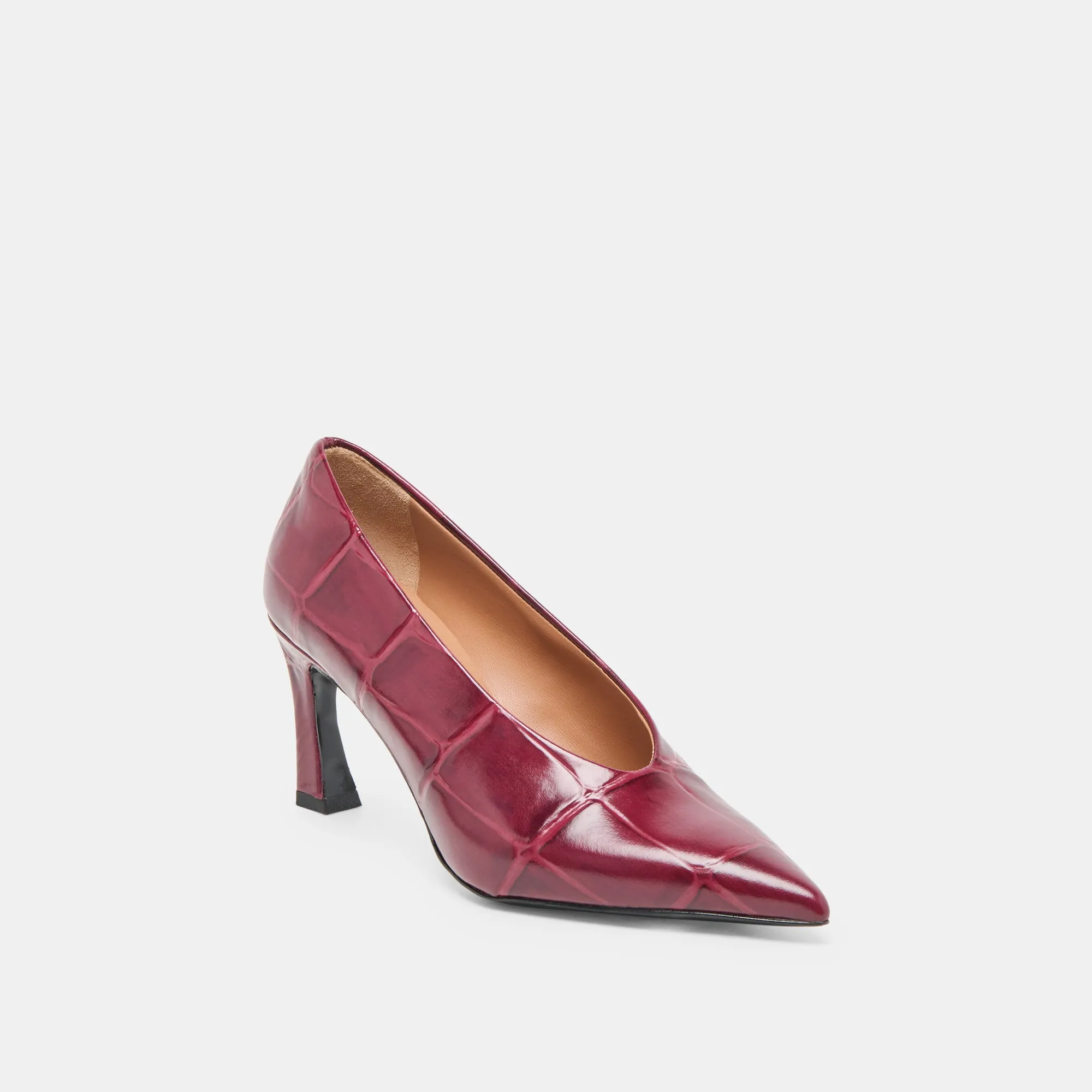 Open Toe Heels Lightweight Design MIDGE HEELS BURGUNDY CROCO EMBOSSED LEATHER