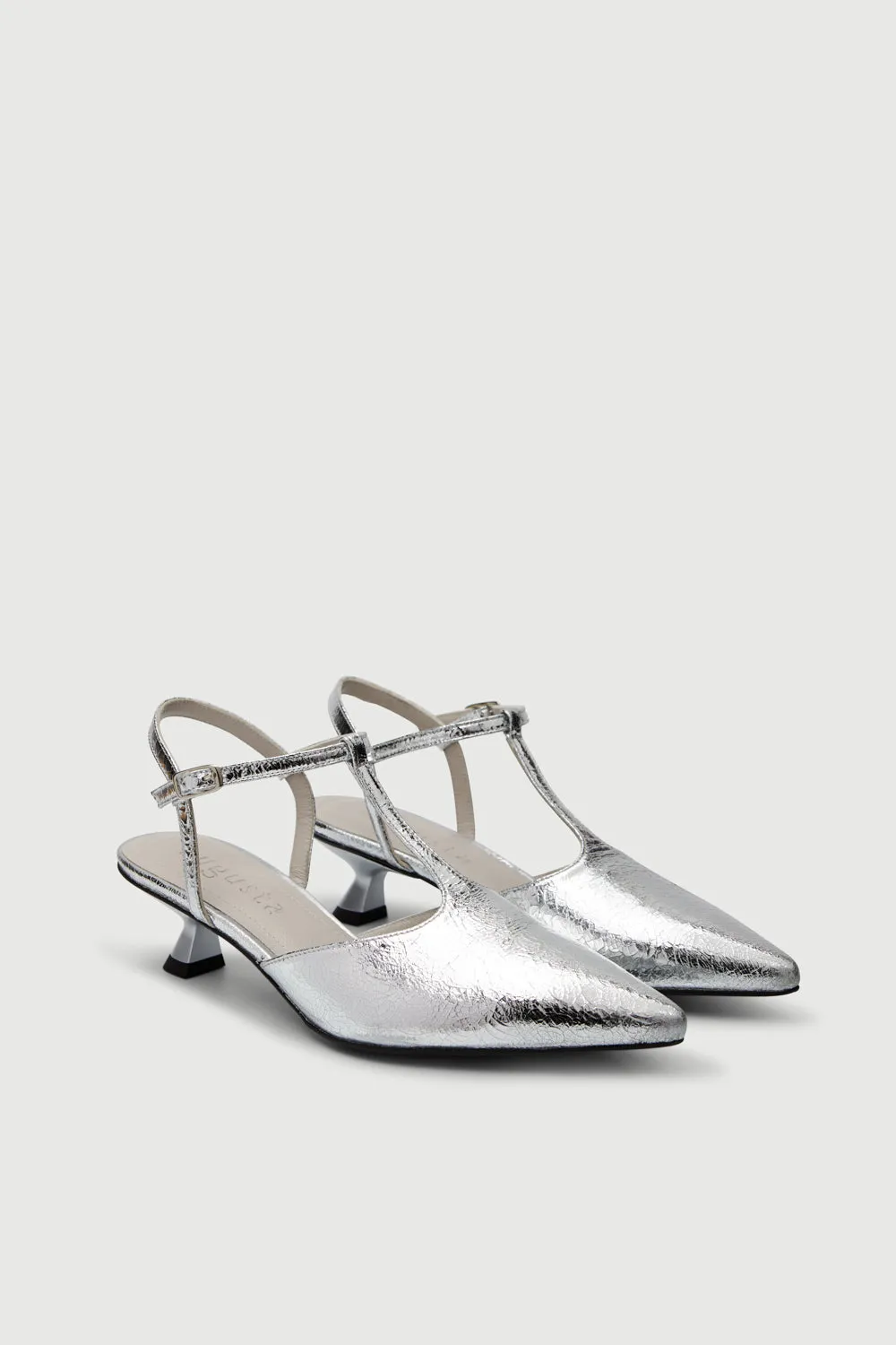 Camila Pumps in Silver Leather Chunky Heeled Boots Sturdy Build