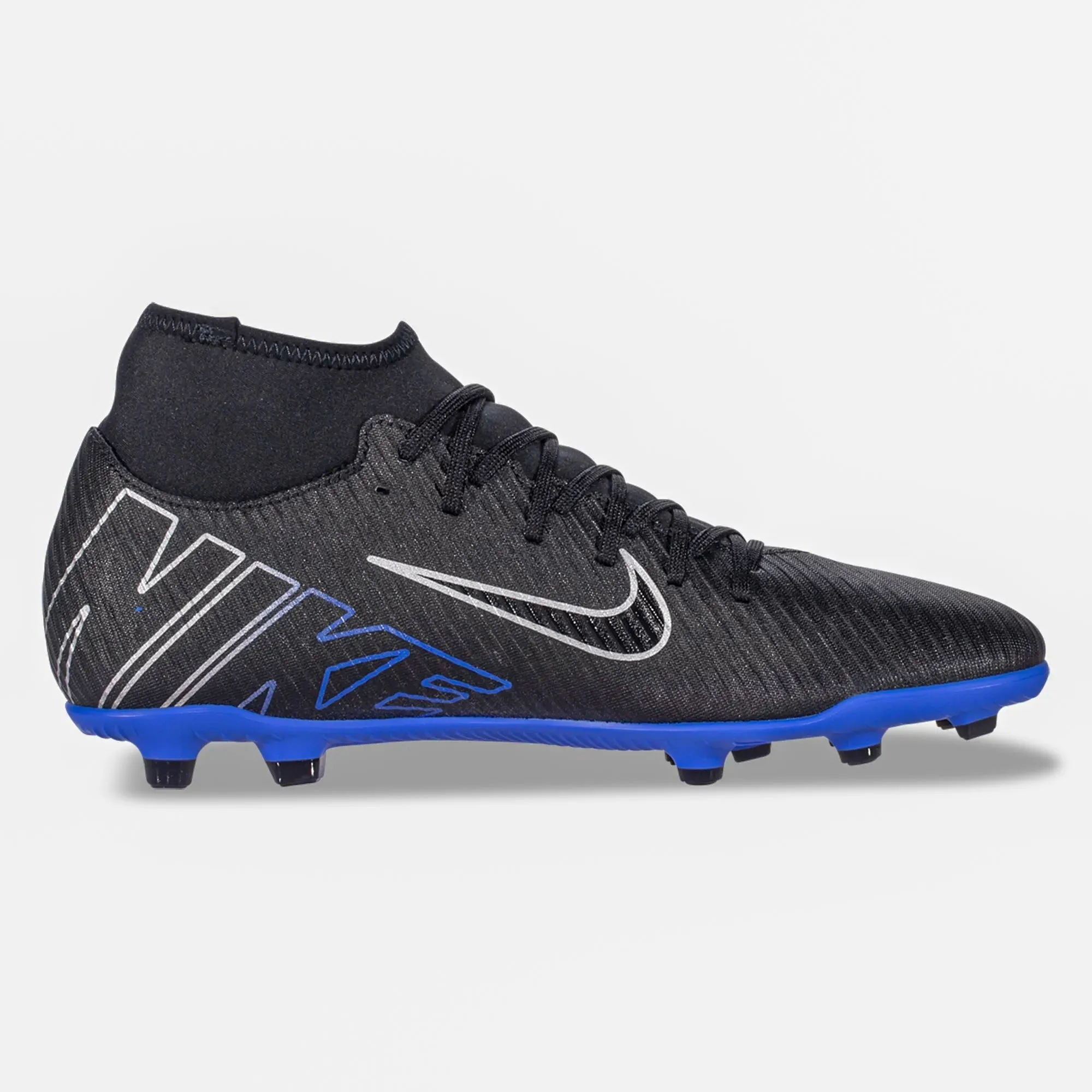 Nike Superfly 9 Club FG/MG Soccer Cleats (Black/Chrome-Hyper Royal) Upper Fit Tapered Fit