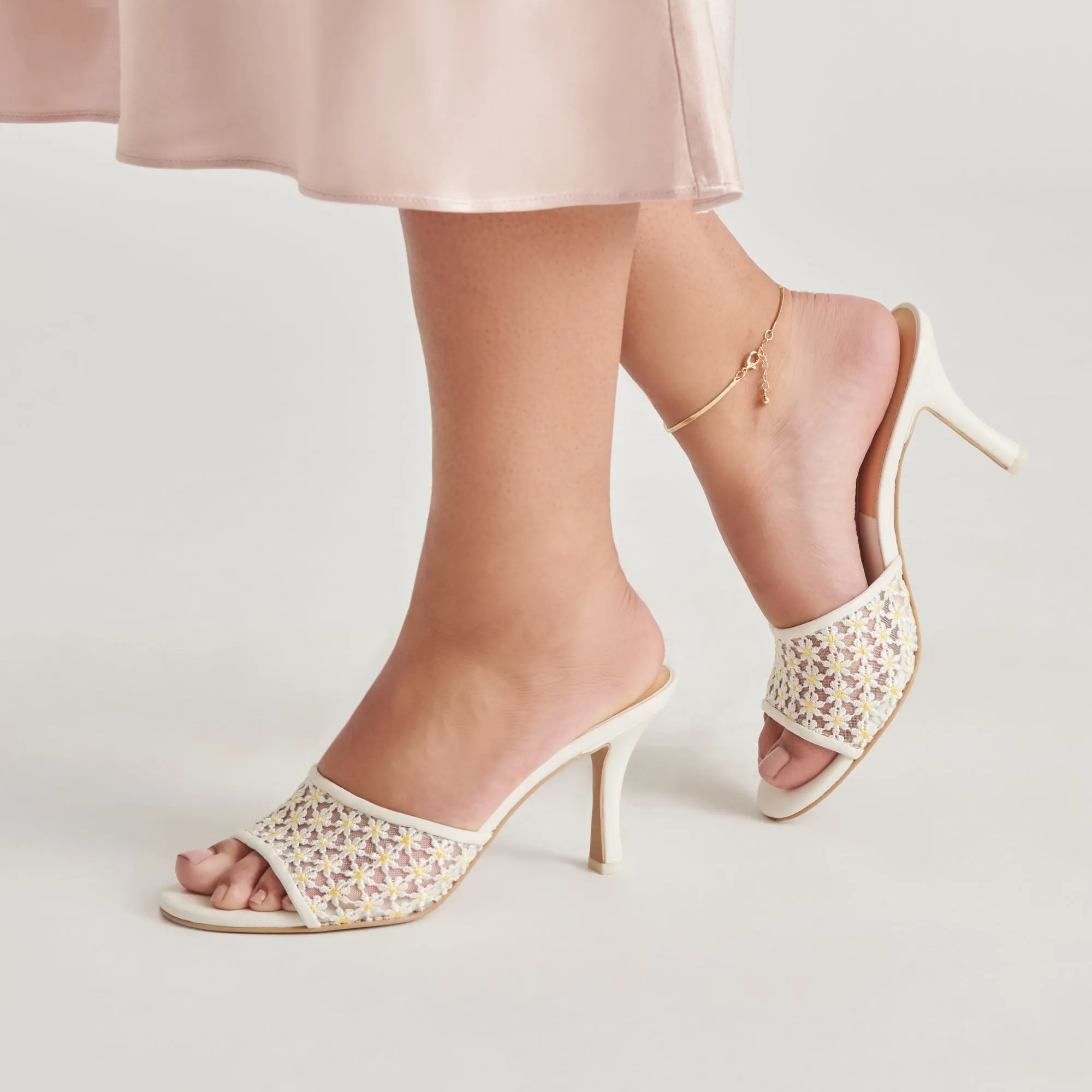 Wide Strap Heels LAVENA FLORAL HEELS WHITE YELLOW FLORAL MESH