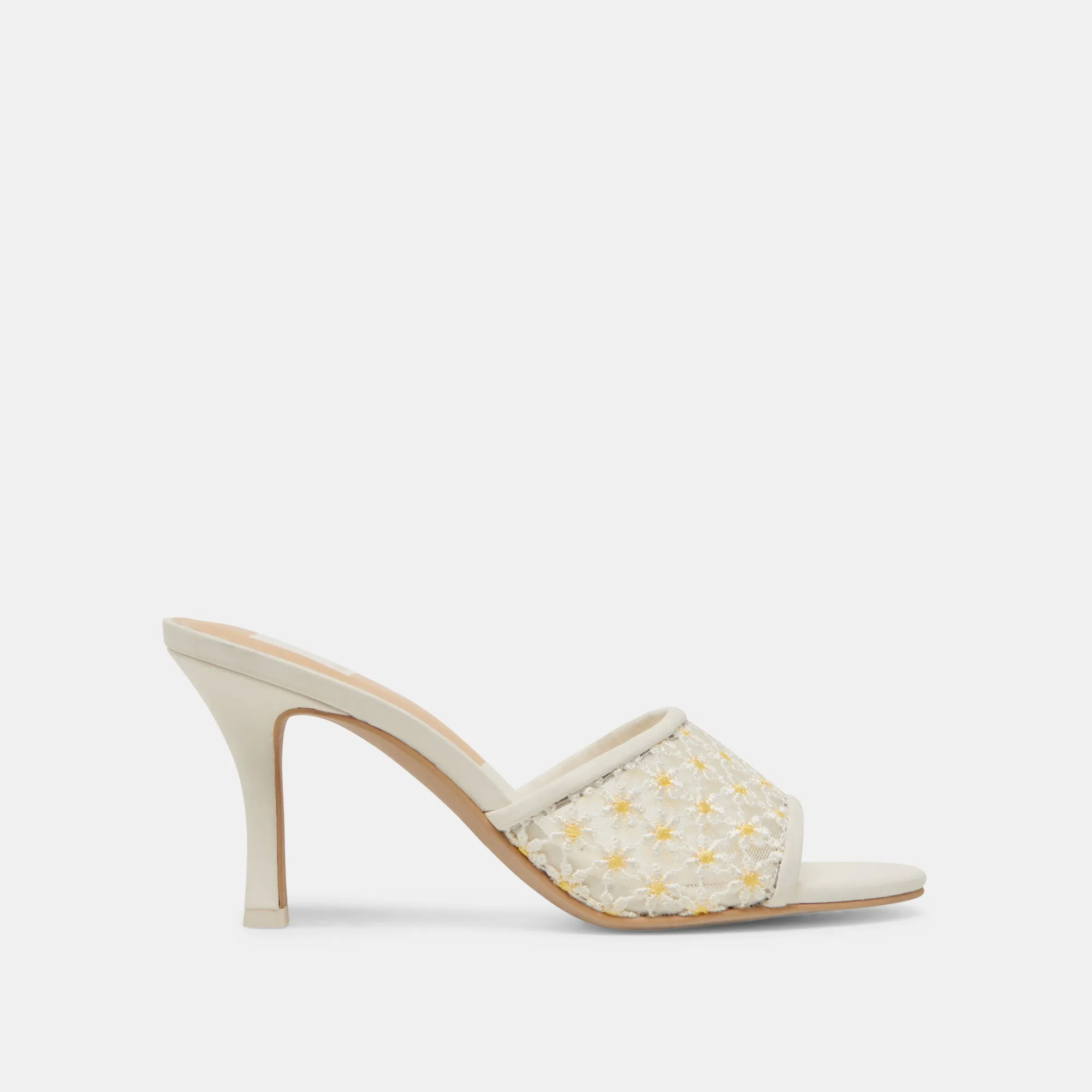 LAVENA FLORAL HEELS WHITE YELLOW FLORAL MESH Chic Sandals for Day