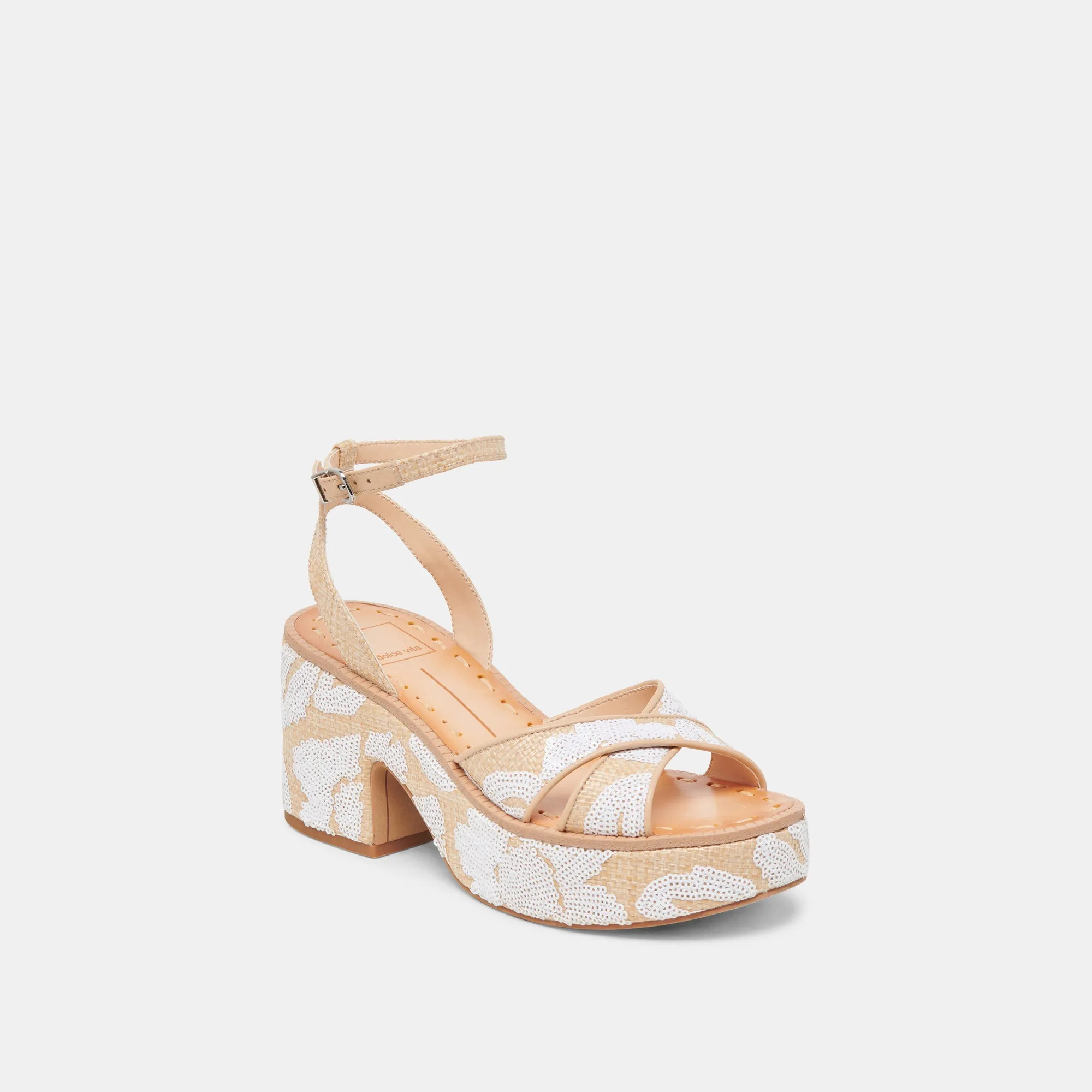 lace up closure ENIKO HEELS NATURAL MULTI FLORAL SEQUIN