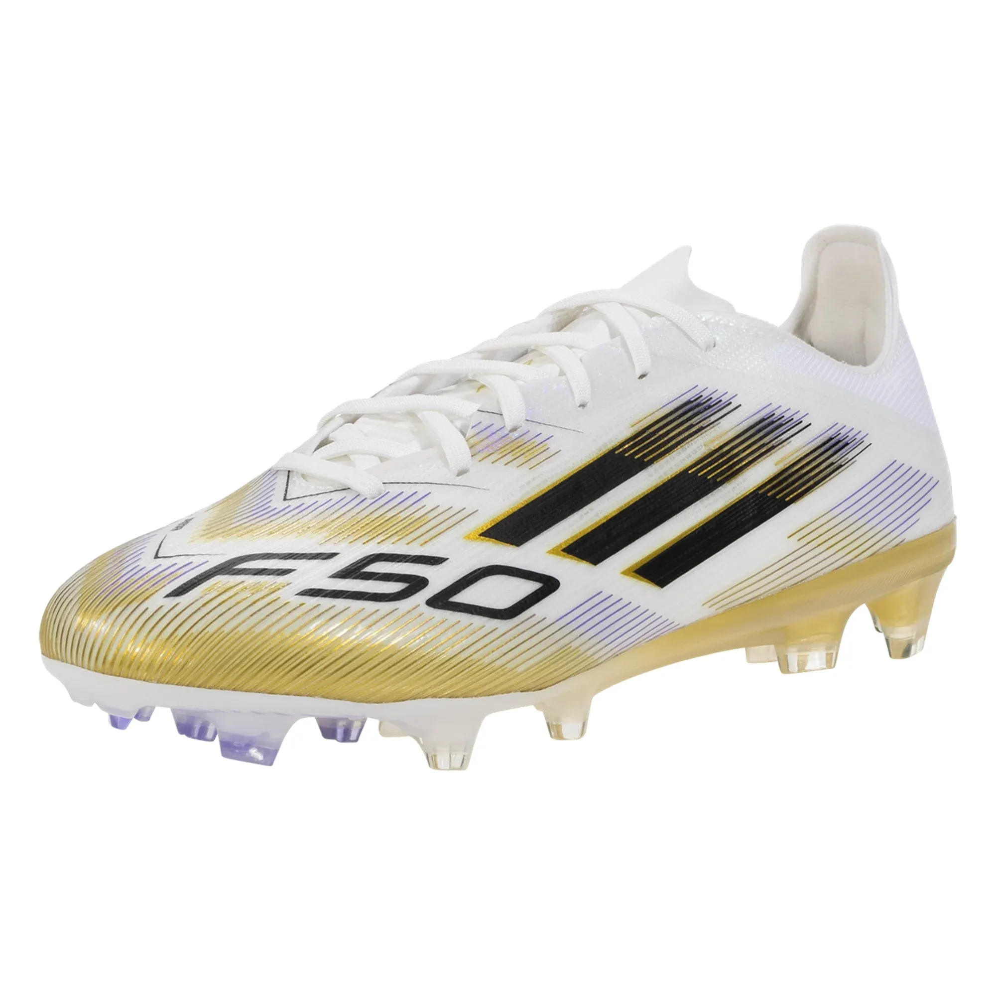 adidas F50 Pro Firm Ground Soccer Cleats (White/Black/Gold Metallic) Support Padding Speed Play