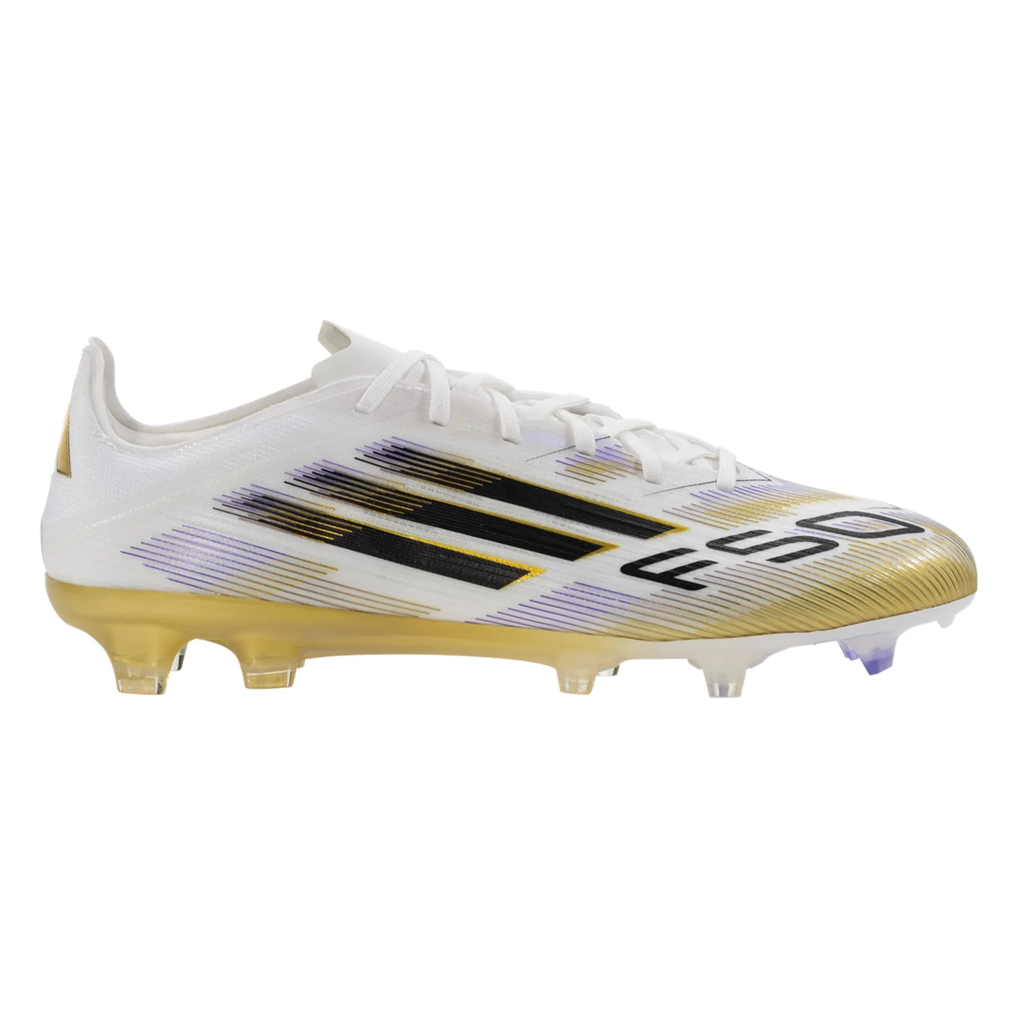 adidas F50 Pro Firm Ground Soccer Cleats (White/Black/Gold Metallic) Knitted Collar