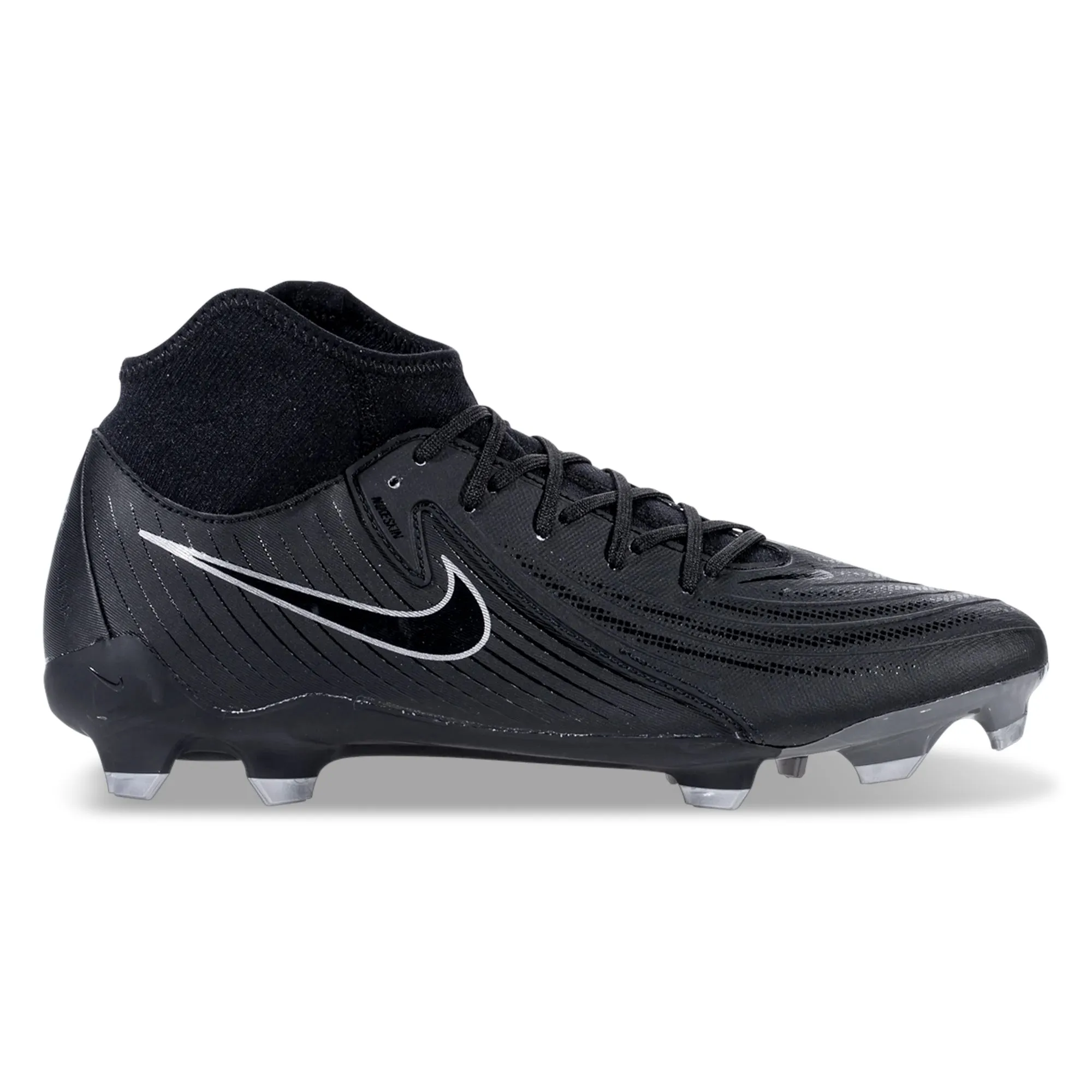 Stable Build Padded interior Nike Phantom Luna II Academy FG/MG Soccer Cleats (Black/Black)
