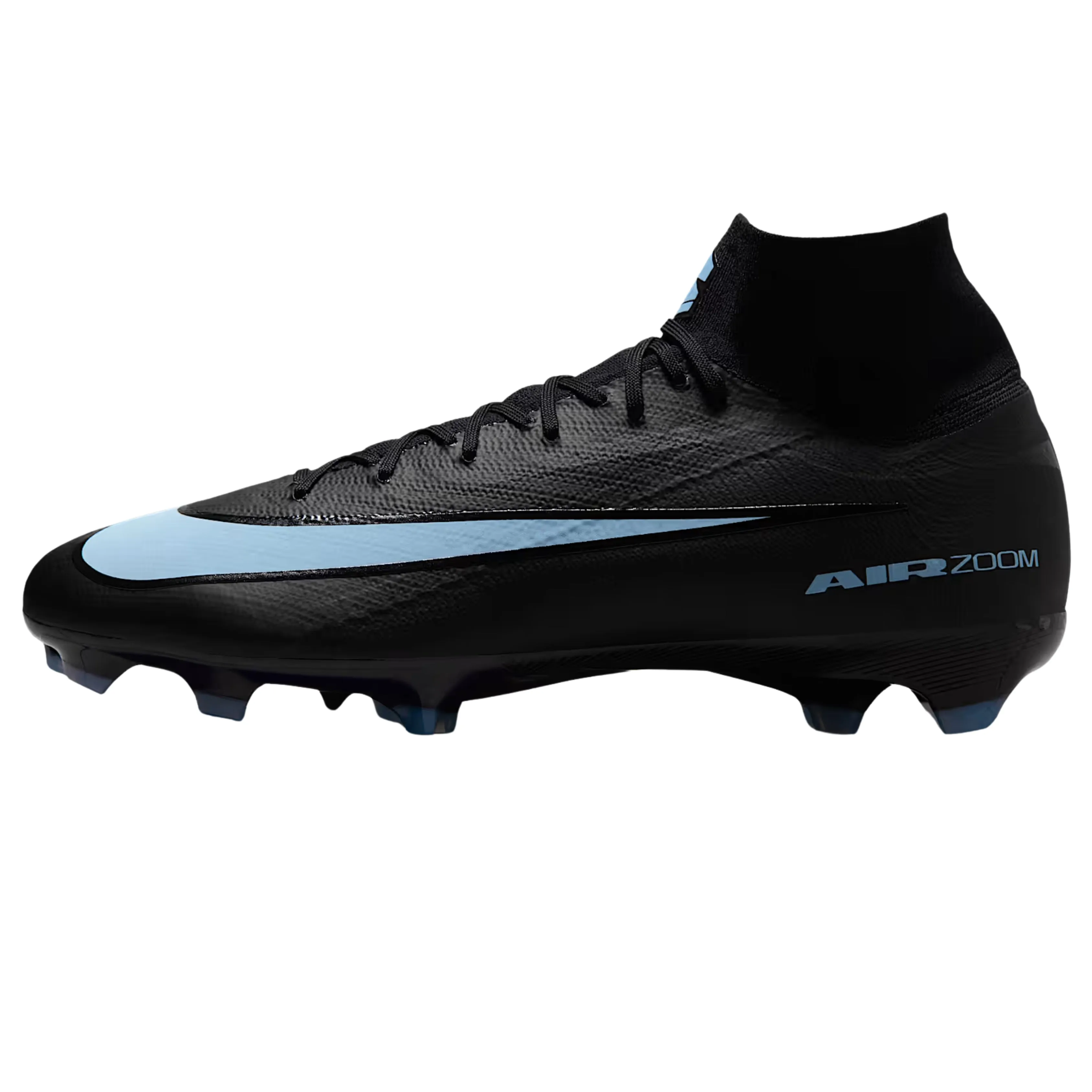 Clean Fit Elastic Collar Nike Zoom Mercurial Superfly 10 Pro Firm Ground Soccer Cleats (Black/Ice Blue)
