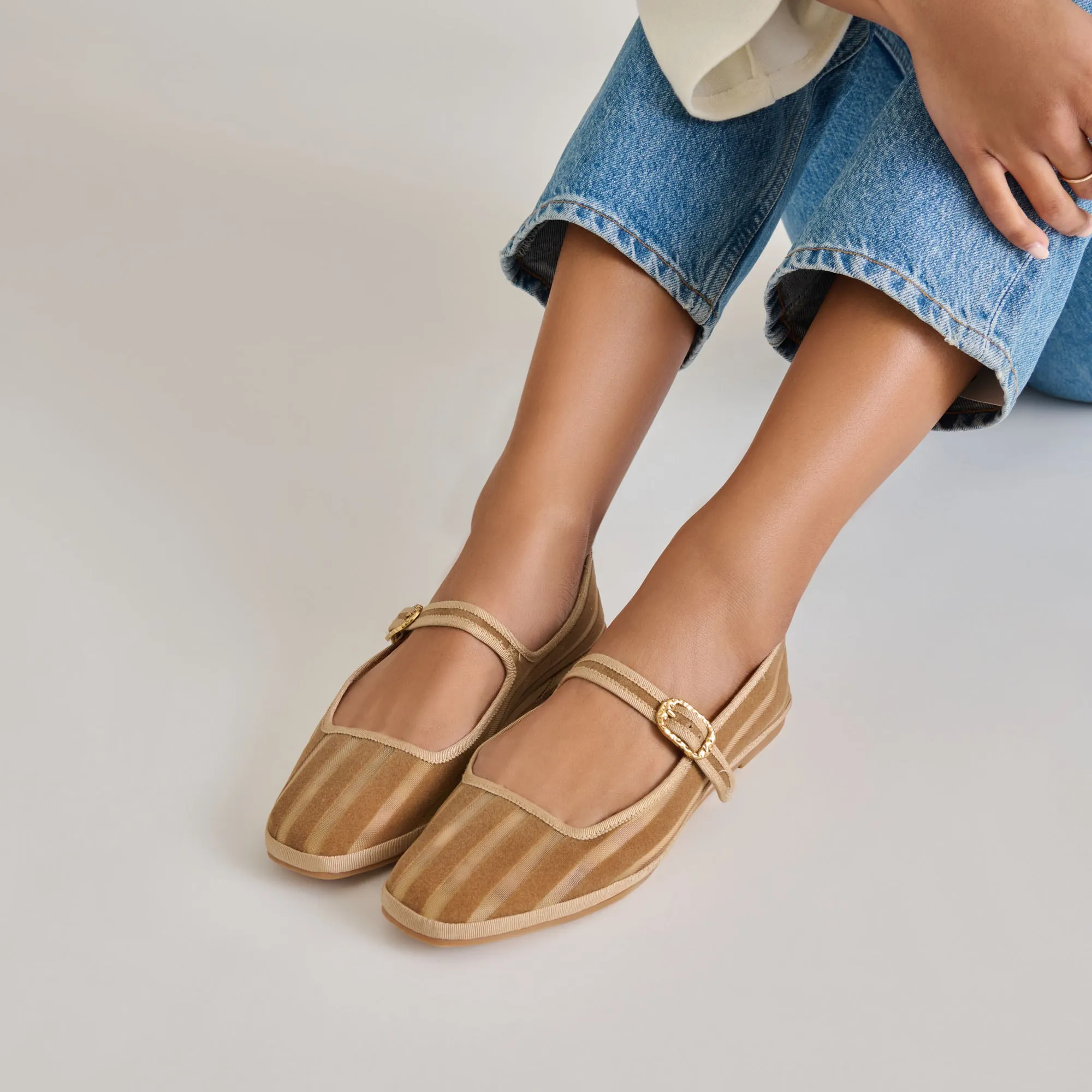 TAMEKA BALLET FLATS TAN STRIPE MESH Play Day