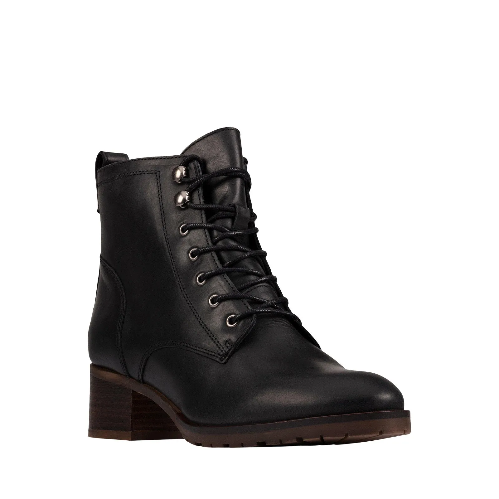 Clarks Mila Lace 26151658 Womens Black Leather Ankle & Booties Boots Training Ground Sleek Finish