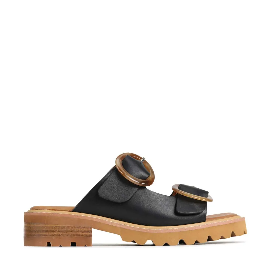 GILA LEATHER BLOCK HEEL SLIDE SANDALS line Breathable Lining