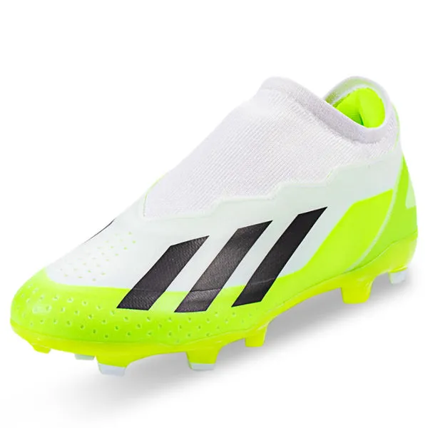 adidas X Crazyfast.3 LL Laceless Firm Ground Soccer Cleats (White/Lucid Lemon) Training Field Roll Barrier