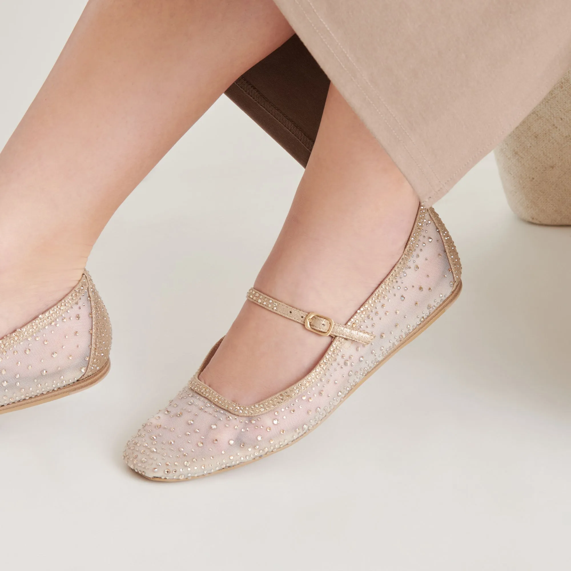 Adjust Buckle REYES CRYSTAL BALLET FLATS GOLD MESH