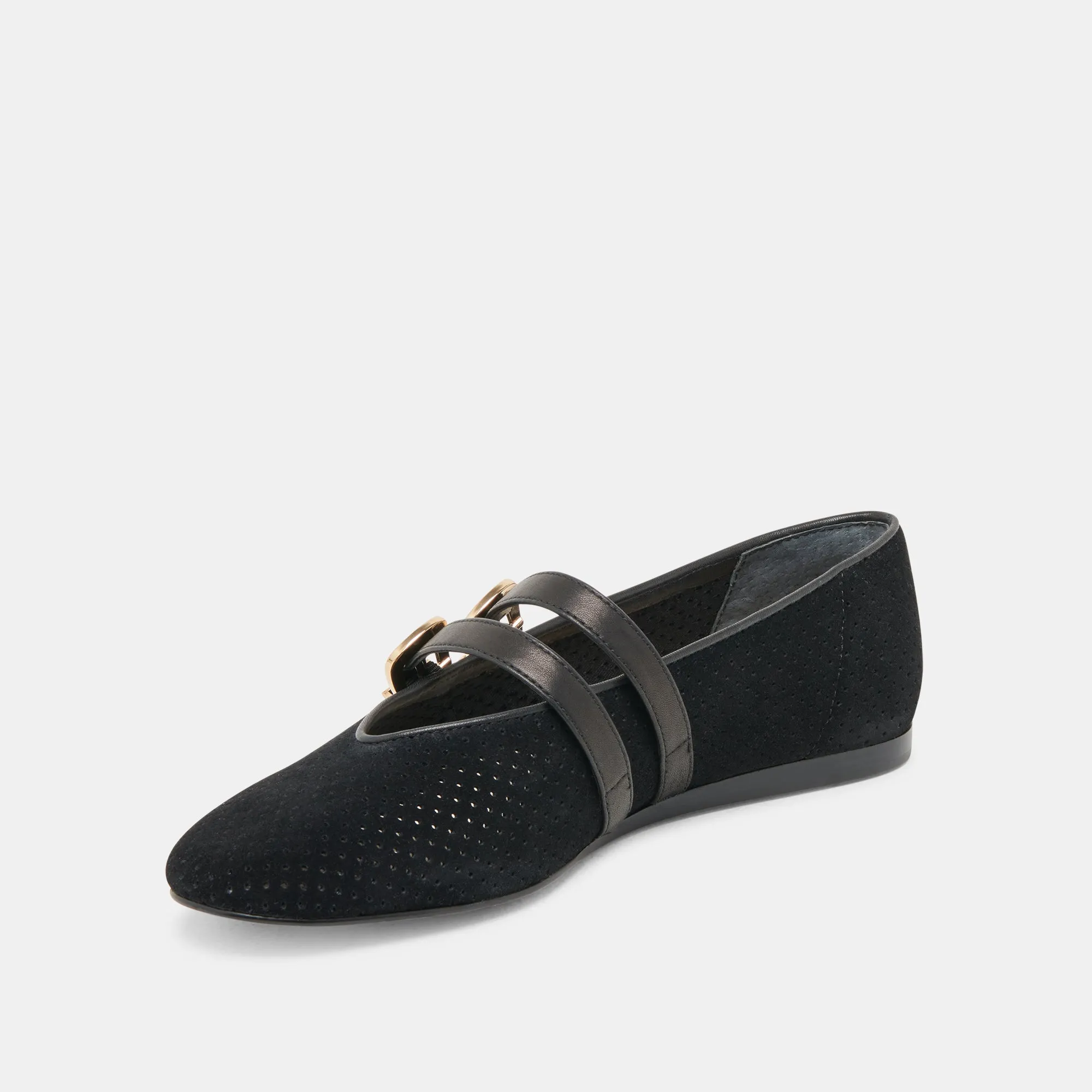 BAYLEE WIDE BALLET FLATS ONYX PERFORATED SUEDE Ankle Strap Herb Glow