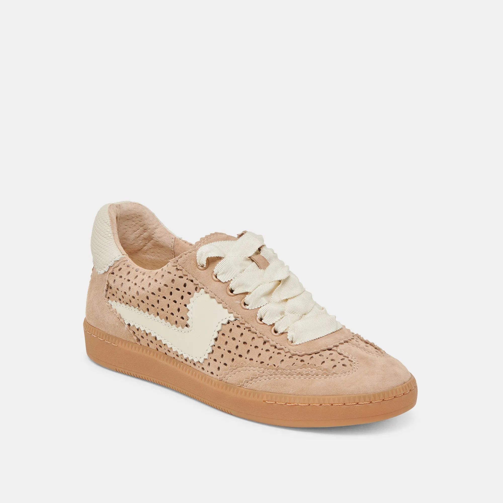 Velcro Strap Movement Support NOTICE EYELET PERF SNEAKERS CAMEL SUEDE