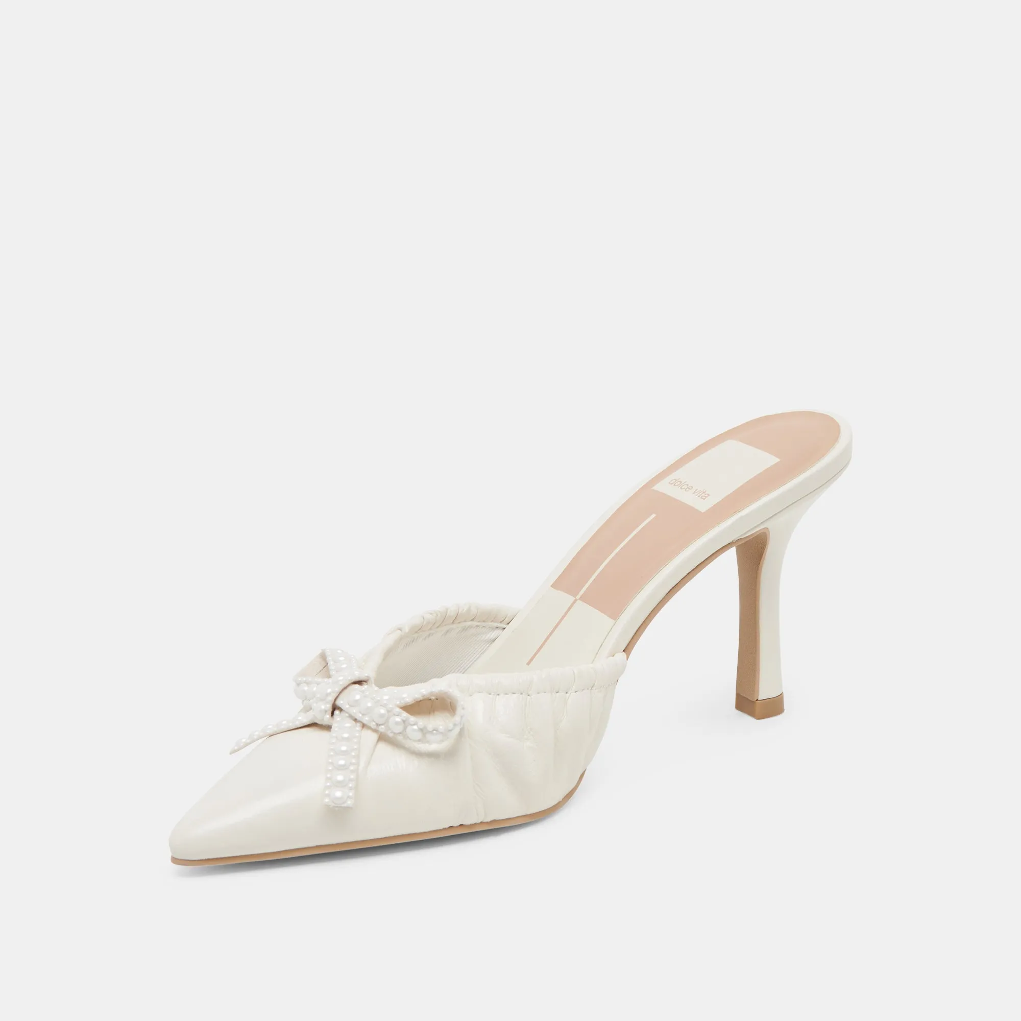KAIRI PEARL HEELS WHITE CRINKLE PATENT Cute Party Heels Satin Pumps