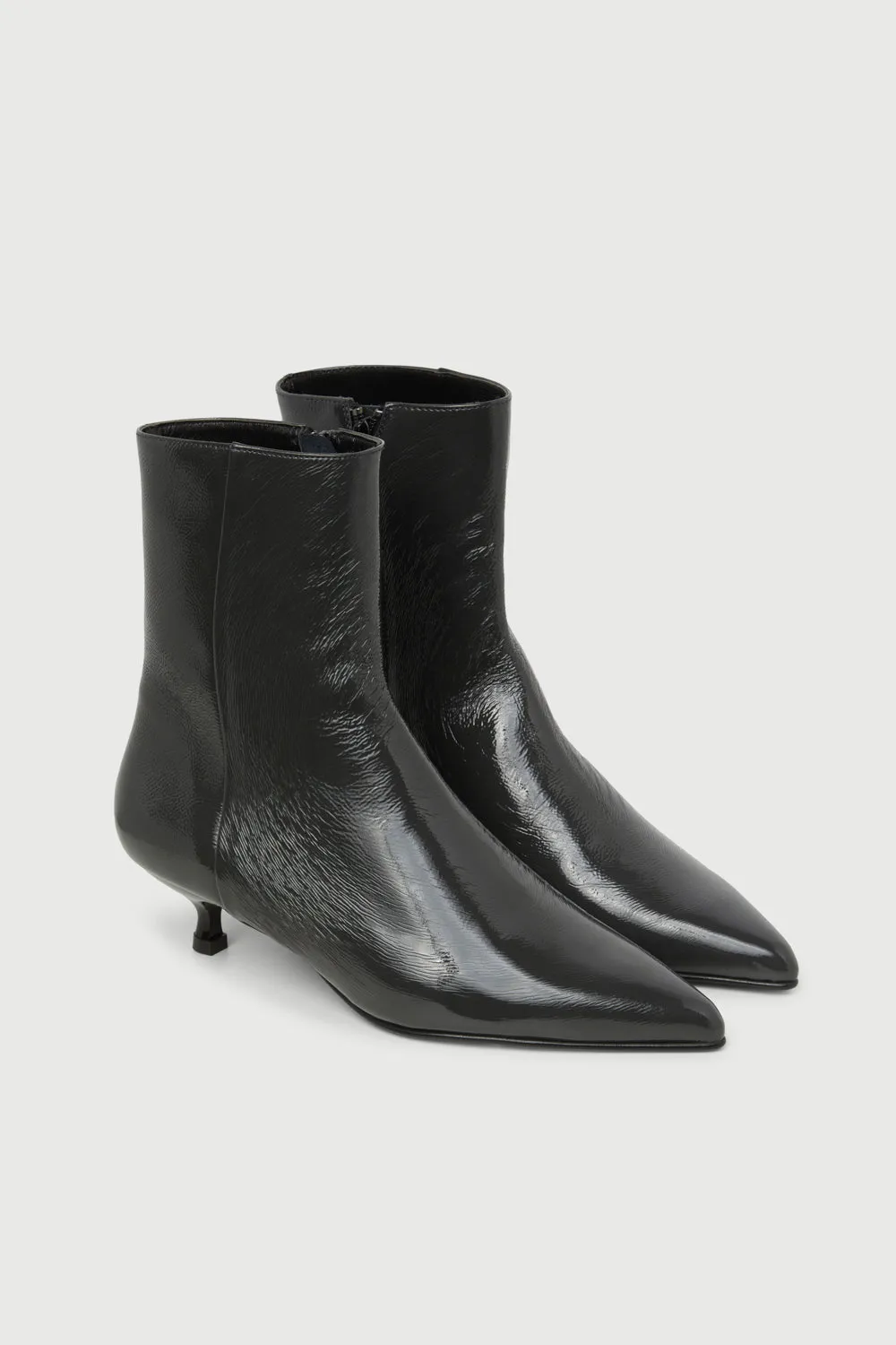 Minimal Profile Paula Ankle Boots in Grey Patent Leather