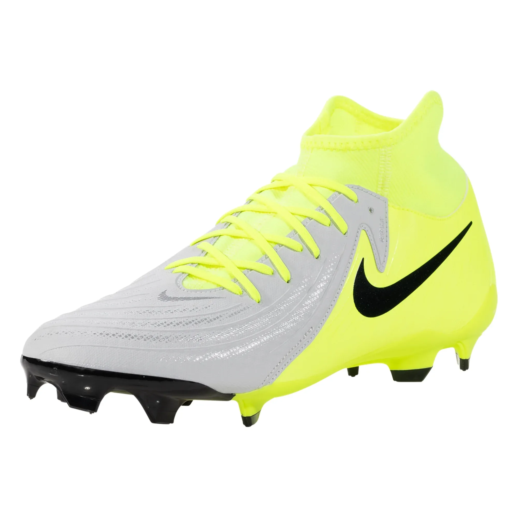 Nike Phantom Luna II Academy FG/MG Soccer Cleats (Metallic Silver/Black-Volt) Elastic Collar Reinforced Arch