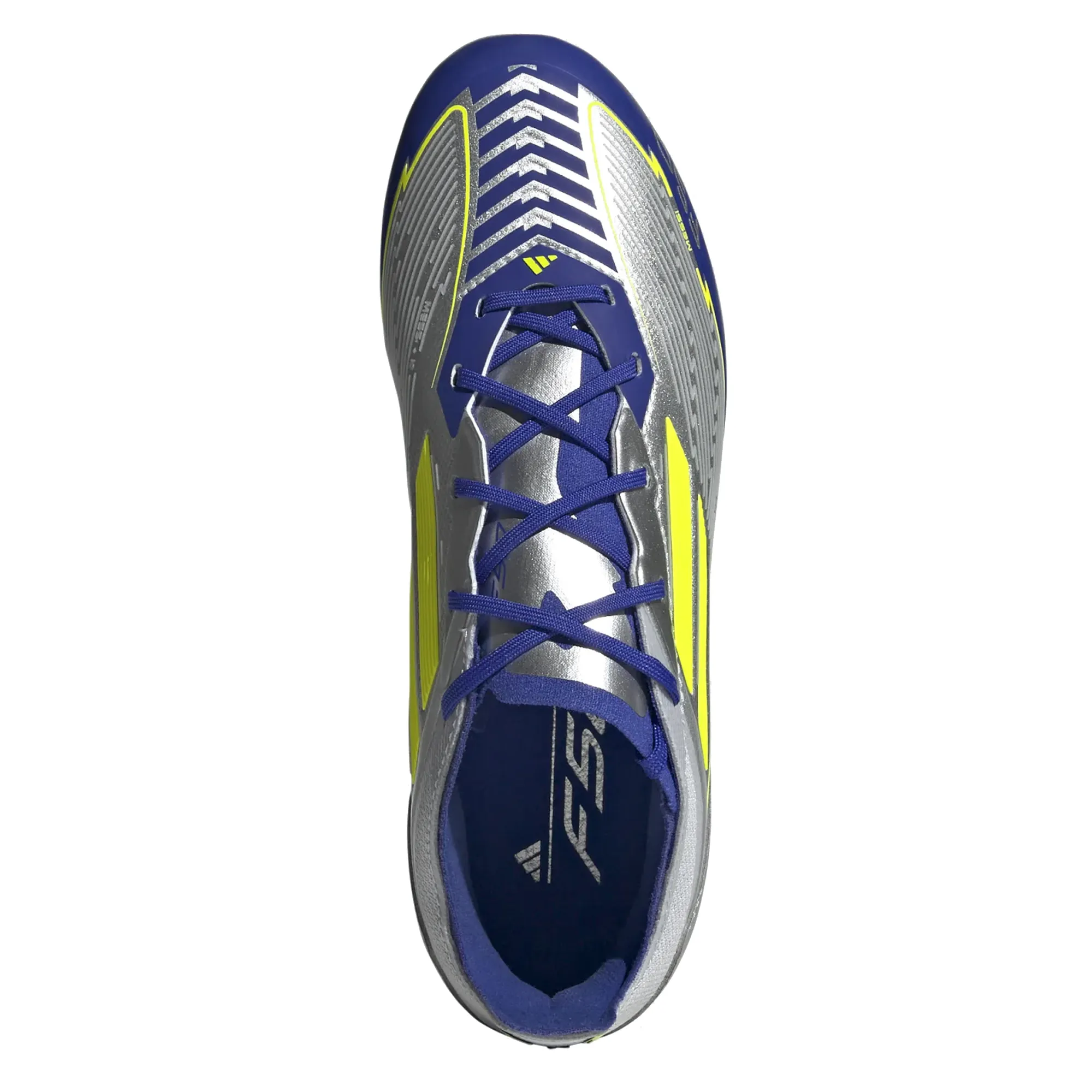 adidas Jr. F50 Messi Elite FG Soccer Cleats (Silver Metallic/Lucid Blue) Rotational Grip Game Agility