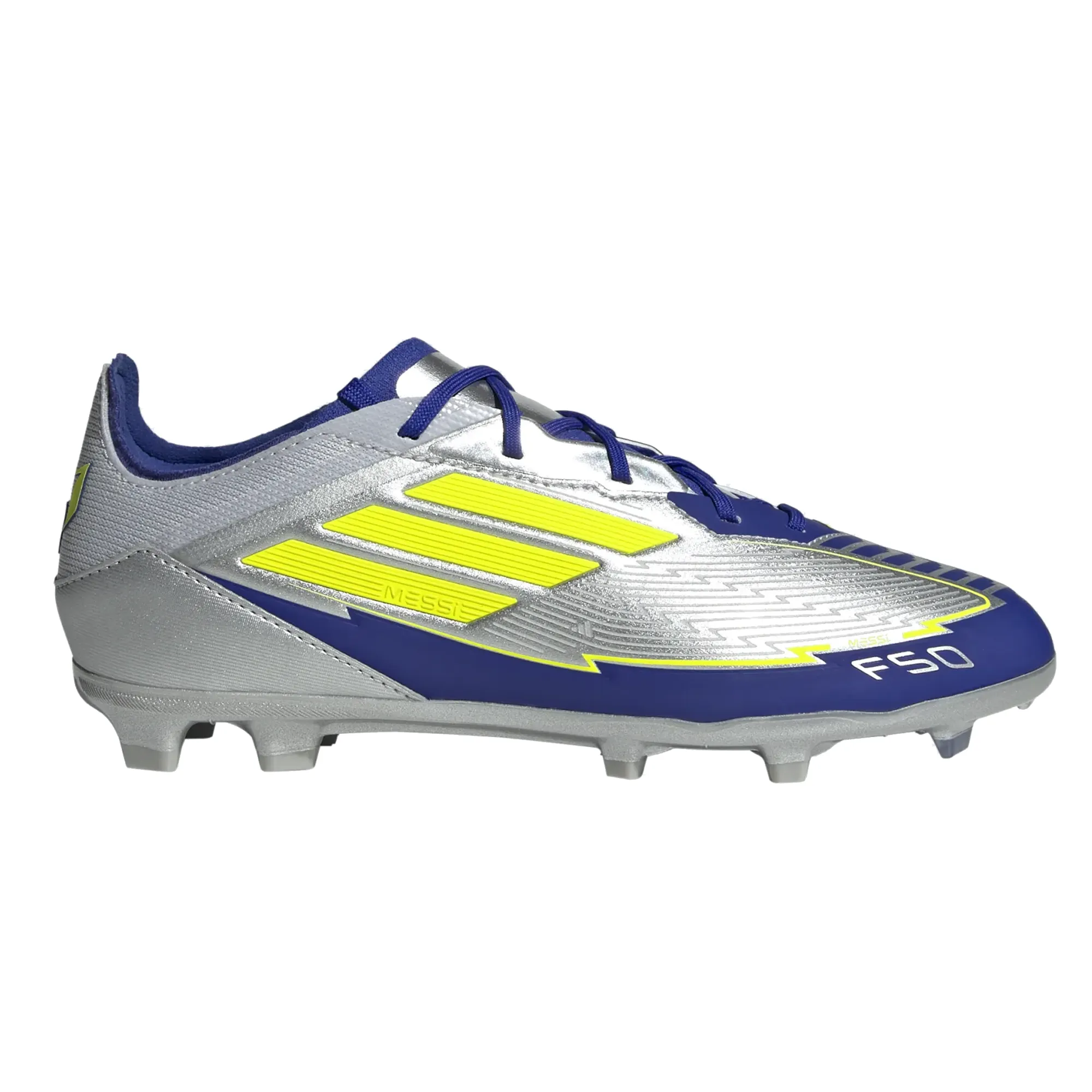 adidas Jr. F50 Messi Elite FG Soccer Cleats (Silver Metallic/Lucid Blue) Forward Propel