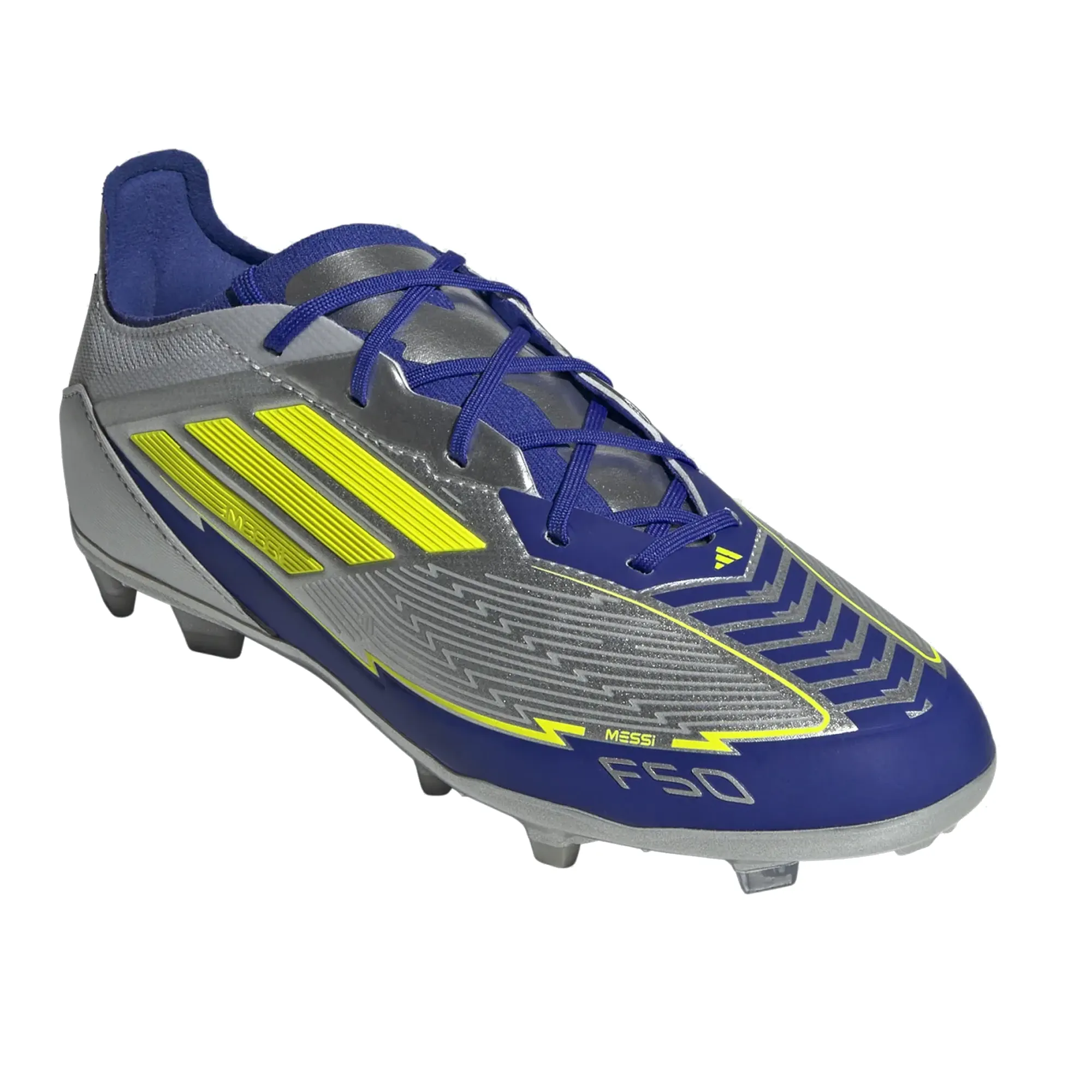 adidas Jr. F50 Messi Elite FG Soccer Cleats (Silver Metallic/Lucid Blue) Reinforced heel