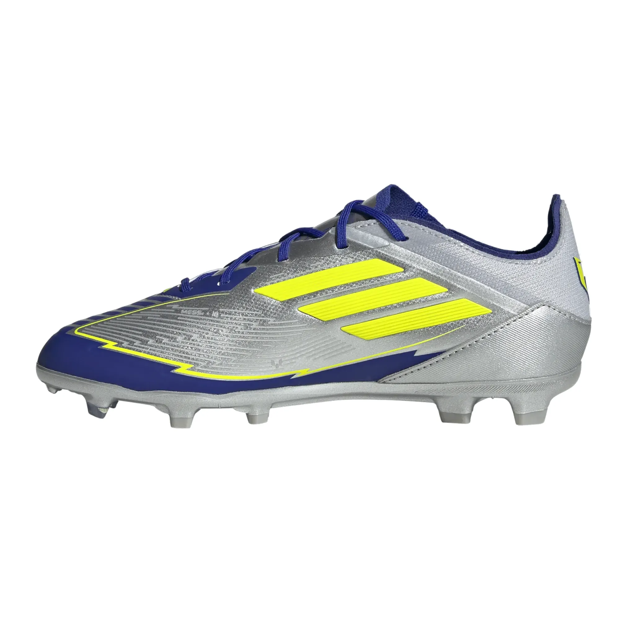 adidas Jr. F50 Messi Elite FG Soccer Cleats (Silver Metallic/Lucid Blue) Synthetic Field