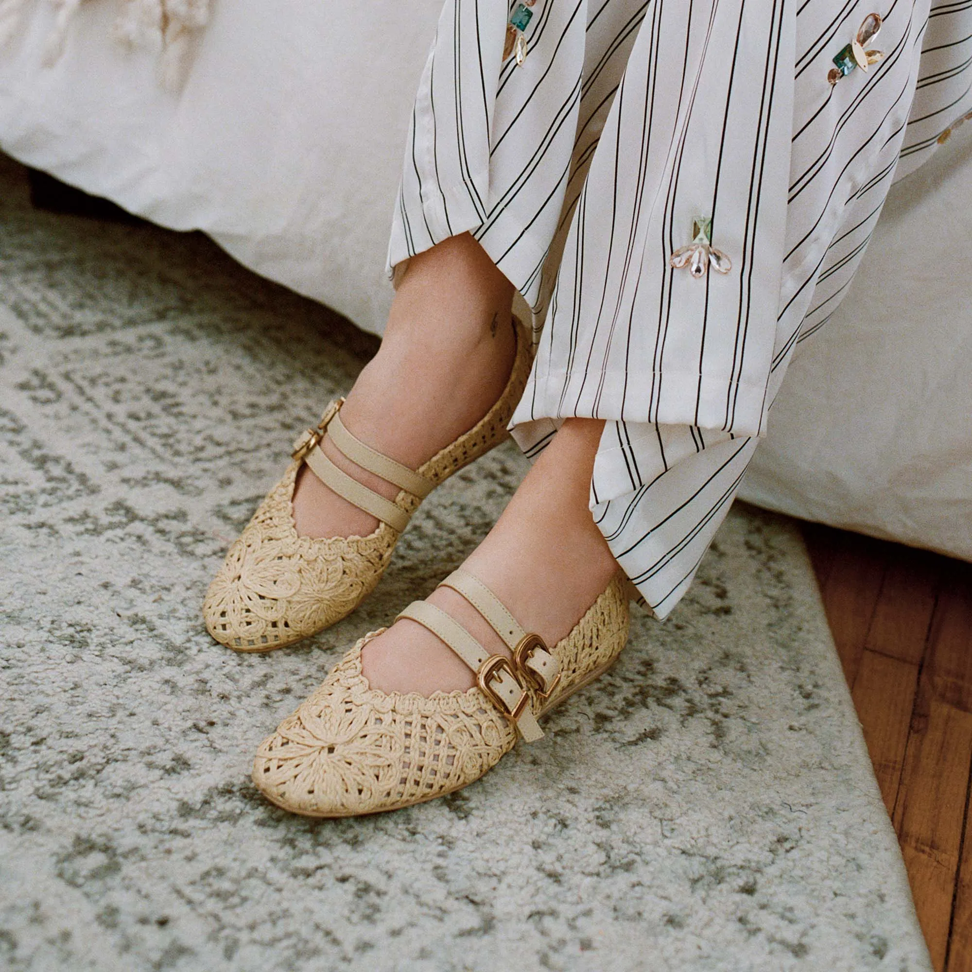 Anti Bacterial BAYLEE SUNFLOWER BALLET FLATS LT NATURAL MACRAME