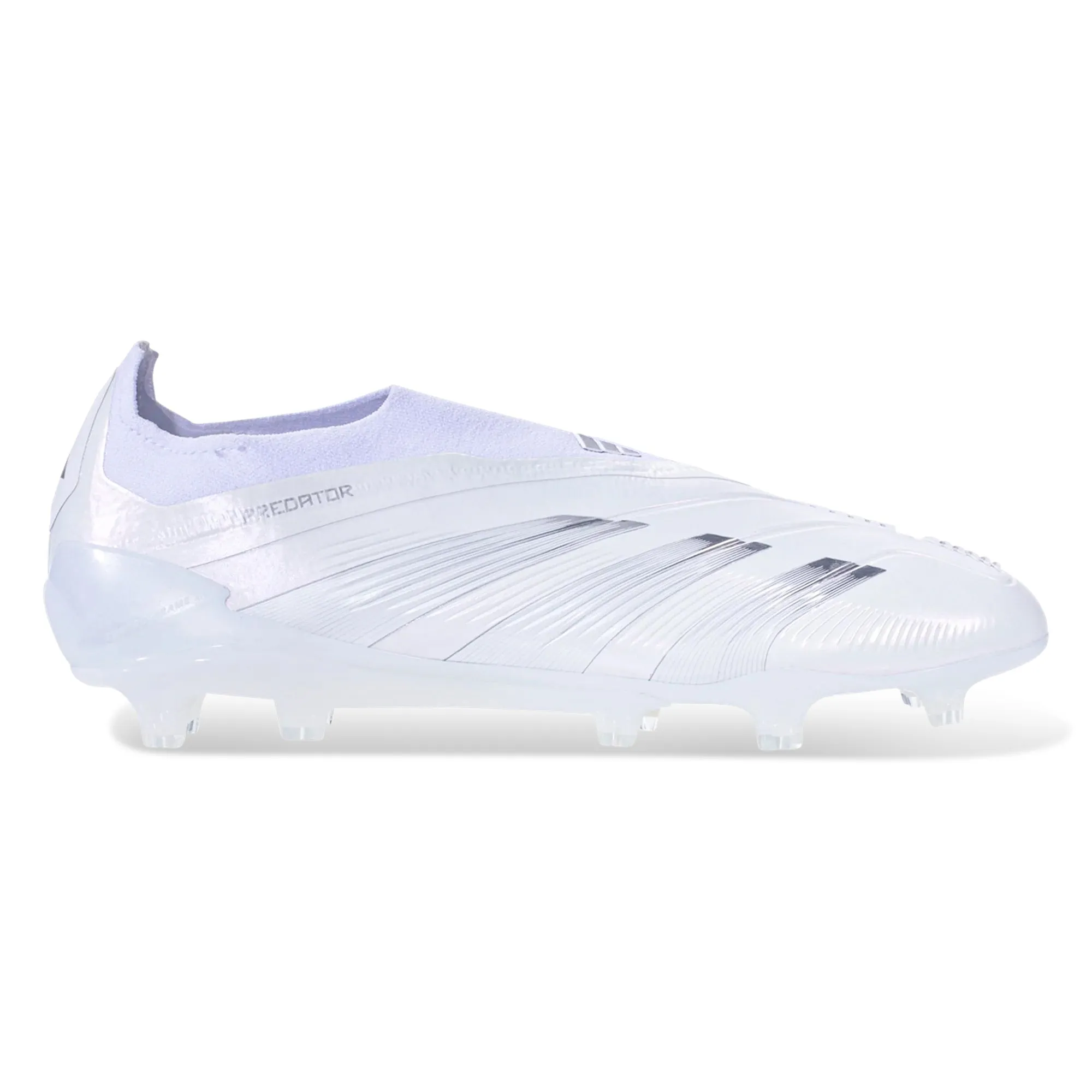 adidas Predator 24 Elite Laceless Firm Ground Soccer Cleats (White/Silver Metallic) Clean Entry Traction Boost