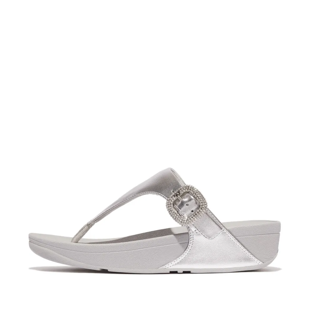 FitFlop Lulu Crystal-Buckle Leather Toe-Post Sandals Silver Shine