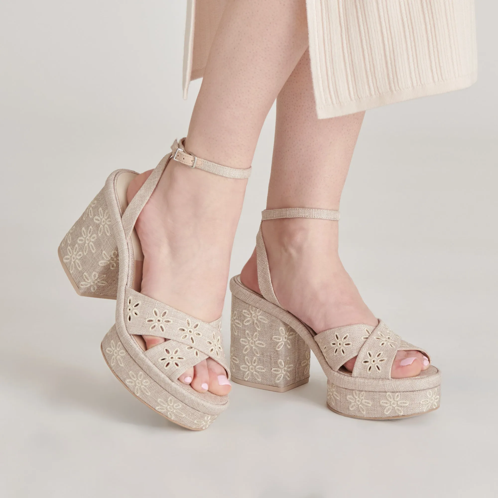 LAISHA HEELS ALMOND FLORAL EYELET Stretchable Fabric Slip On