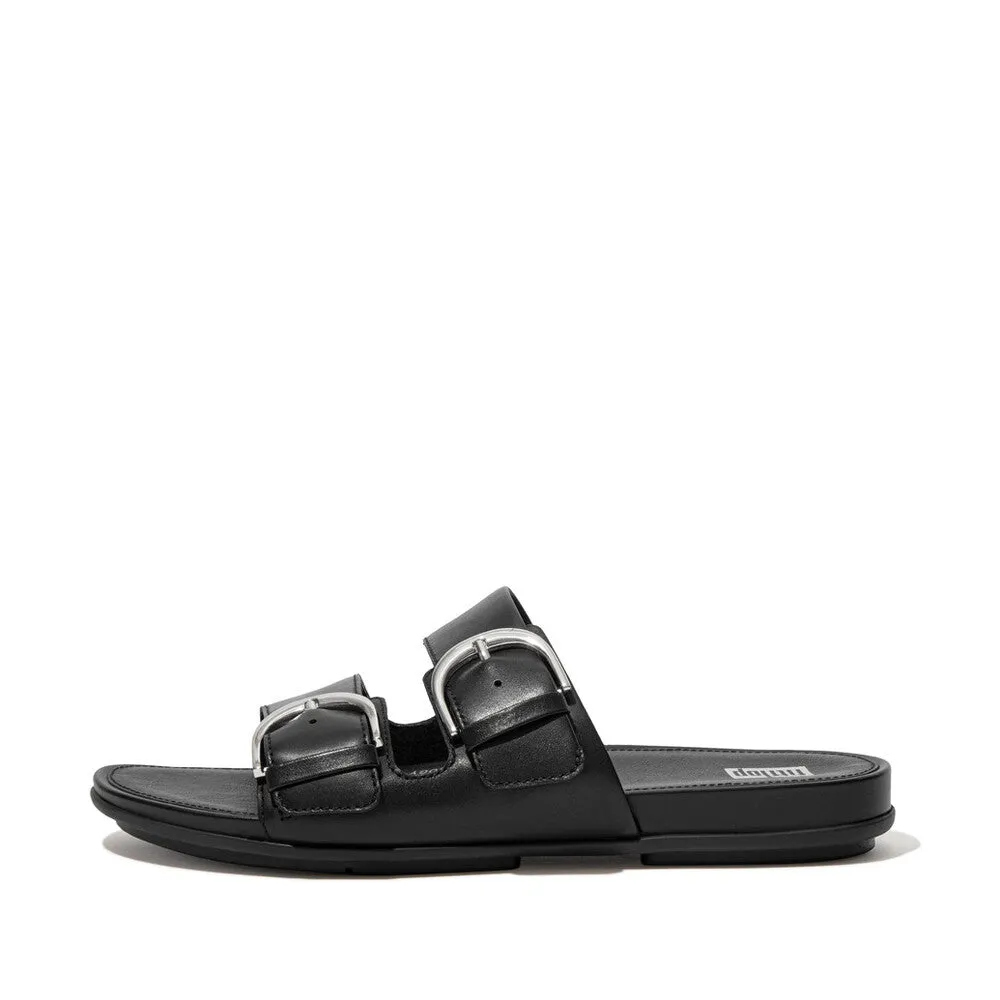 FitFlop GRACIE Buckle Two-Bar Leather Slides Forest Path