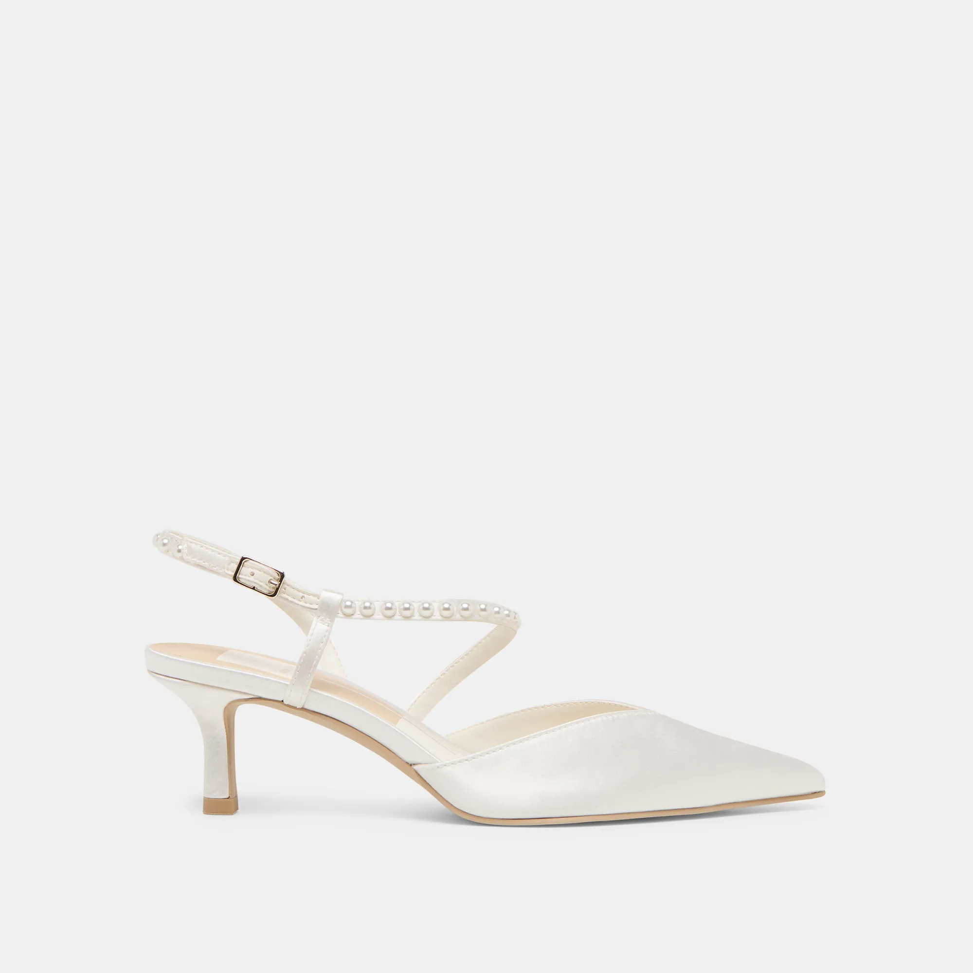 KAMRA PEARL MID HEELS TRUE WHITE SATIN Wide Heel Pumps