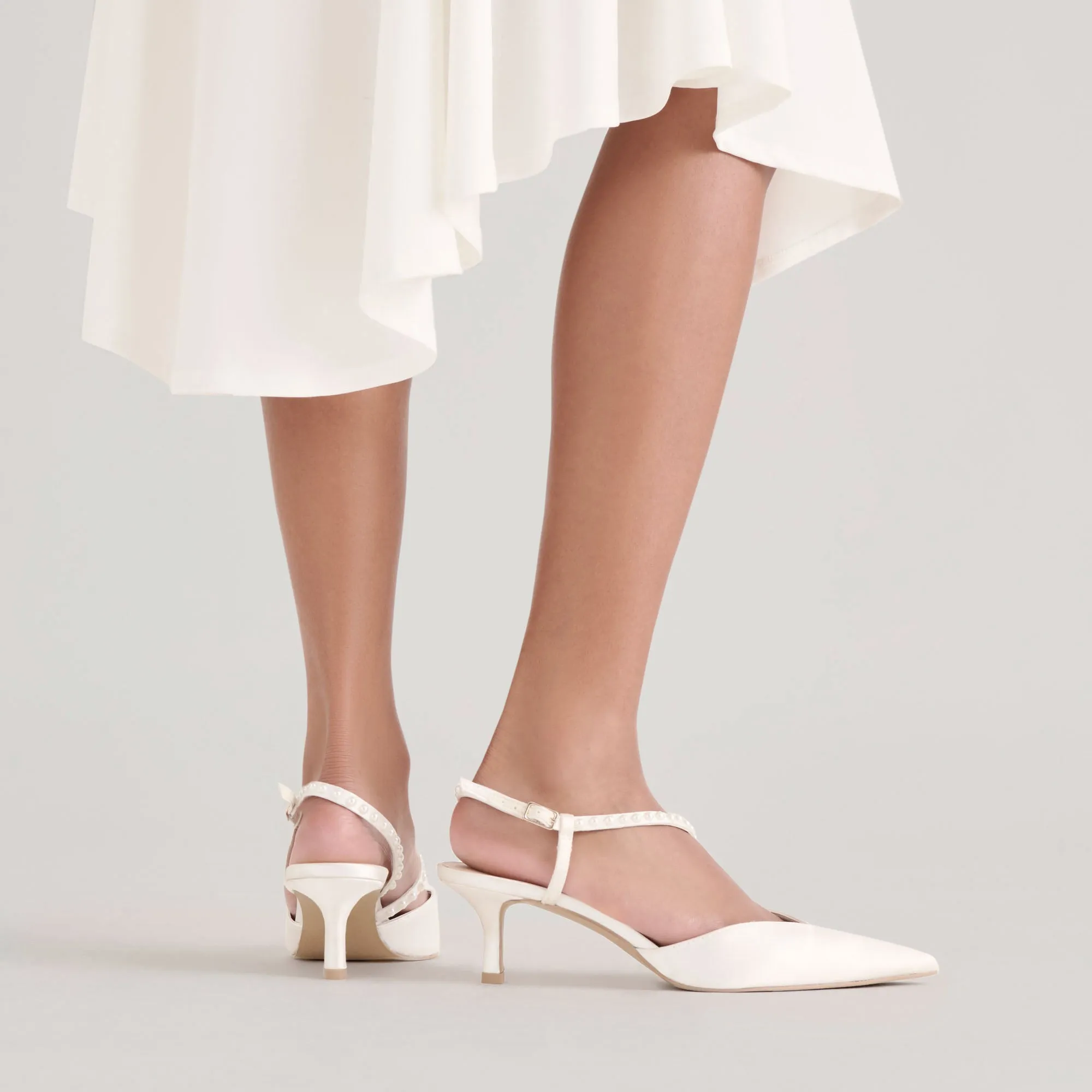 KAMRA PEARL MID HEELS TRUE WHITE SATIN Chic Wedding Sandals
