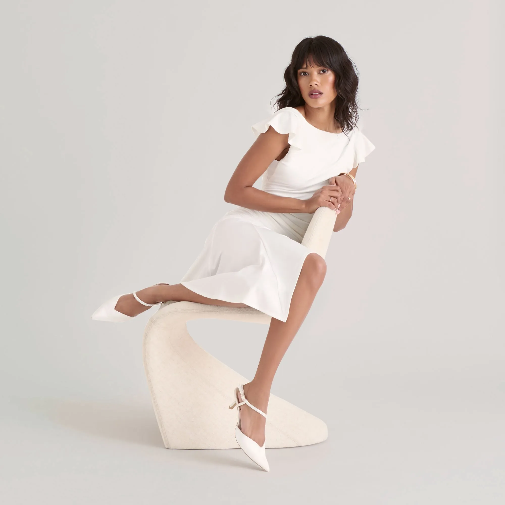 KAMRA PEARL MID HEELS TRUE WHITE SATIN Leather Upper Travel Heels