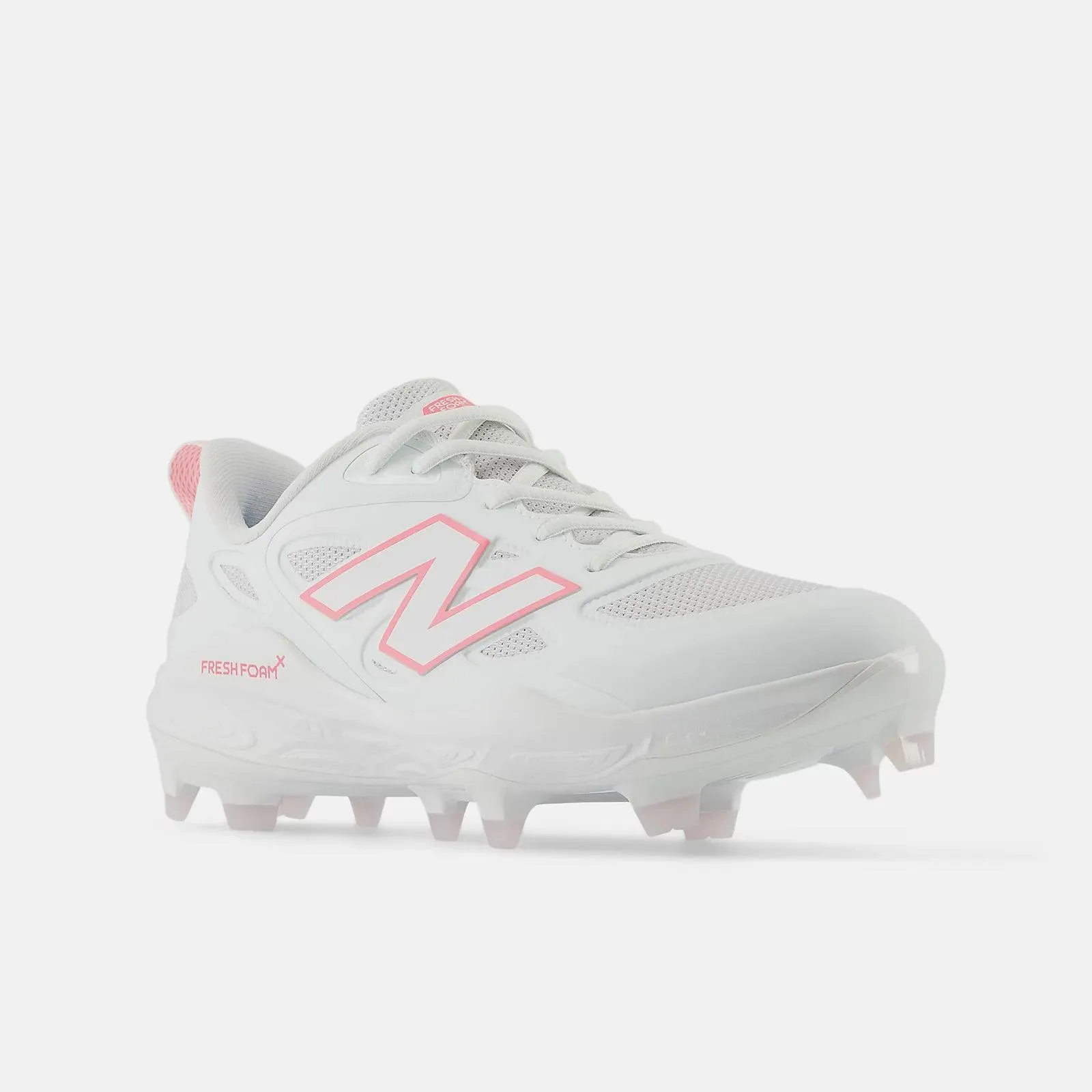 Modern Walk Boosted fit New Balance Women's Fresh Foam X Velo v4 Molded Softball Cleats - White with Ultra Pink SPVELOM4