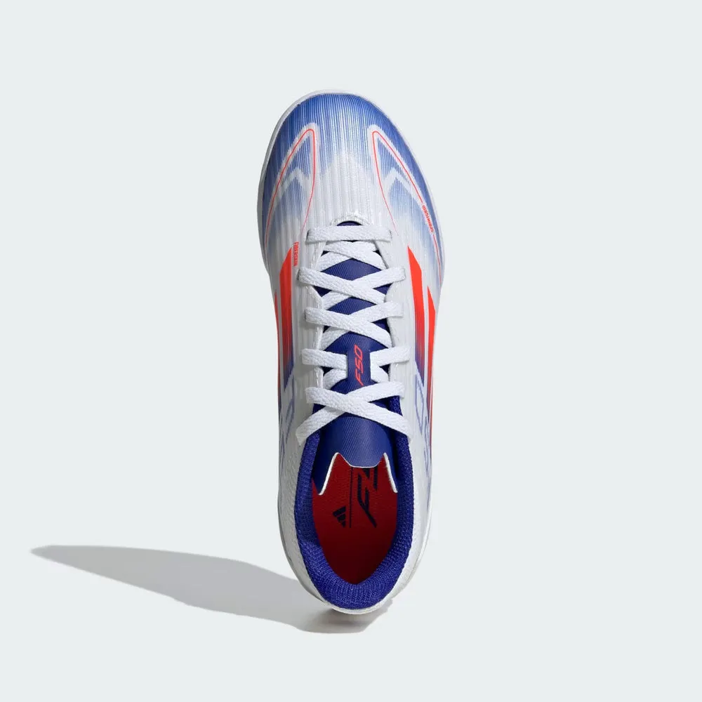 Wide Adidas F50 League Indoor Jnr Football Shoes (White/Solar Red/Lucid Blue)