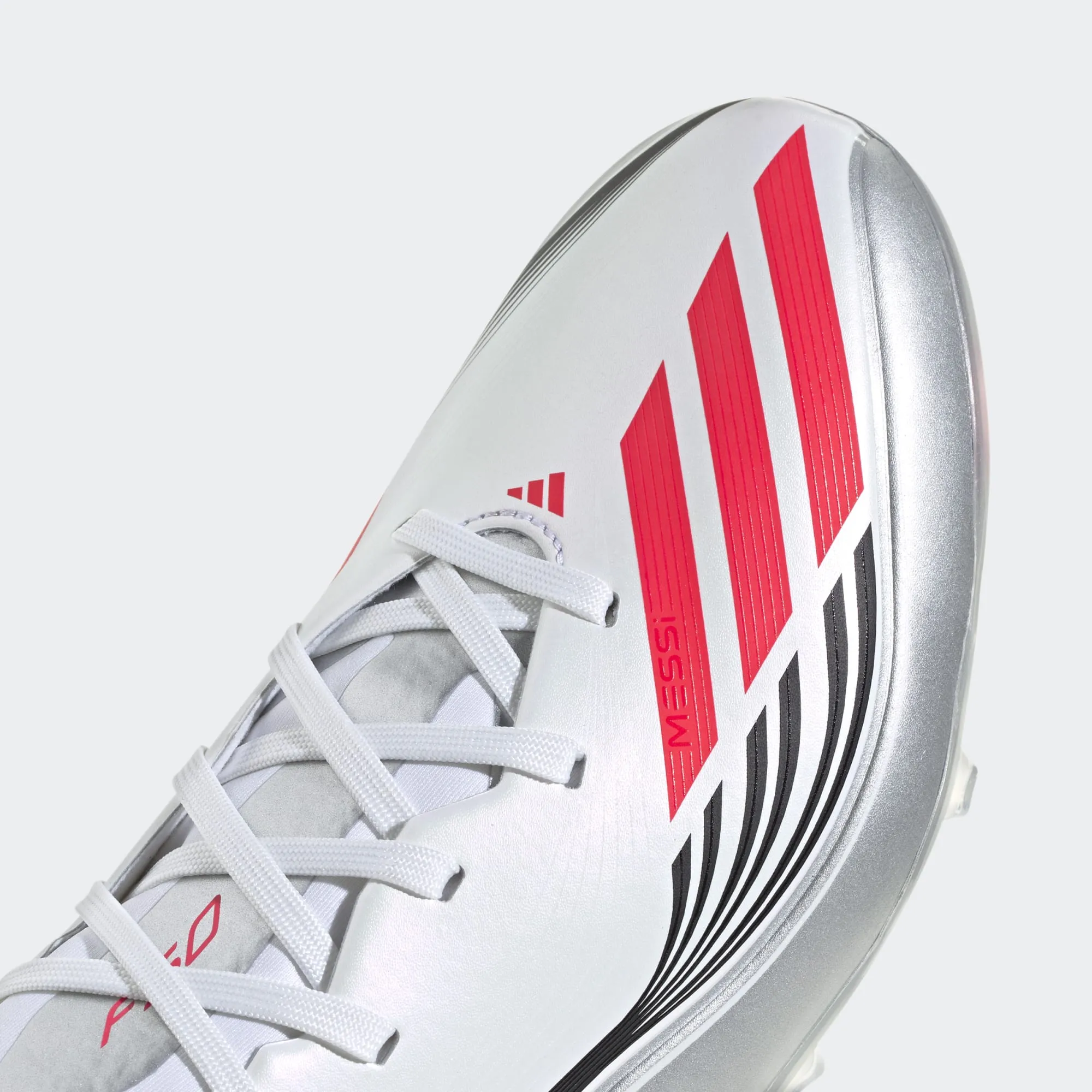 adidas F50 Messi League FG/MG Soccer Cleats (White/Lucid Red/Silver Metallic) Dry Pitch Long Pass