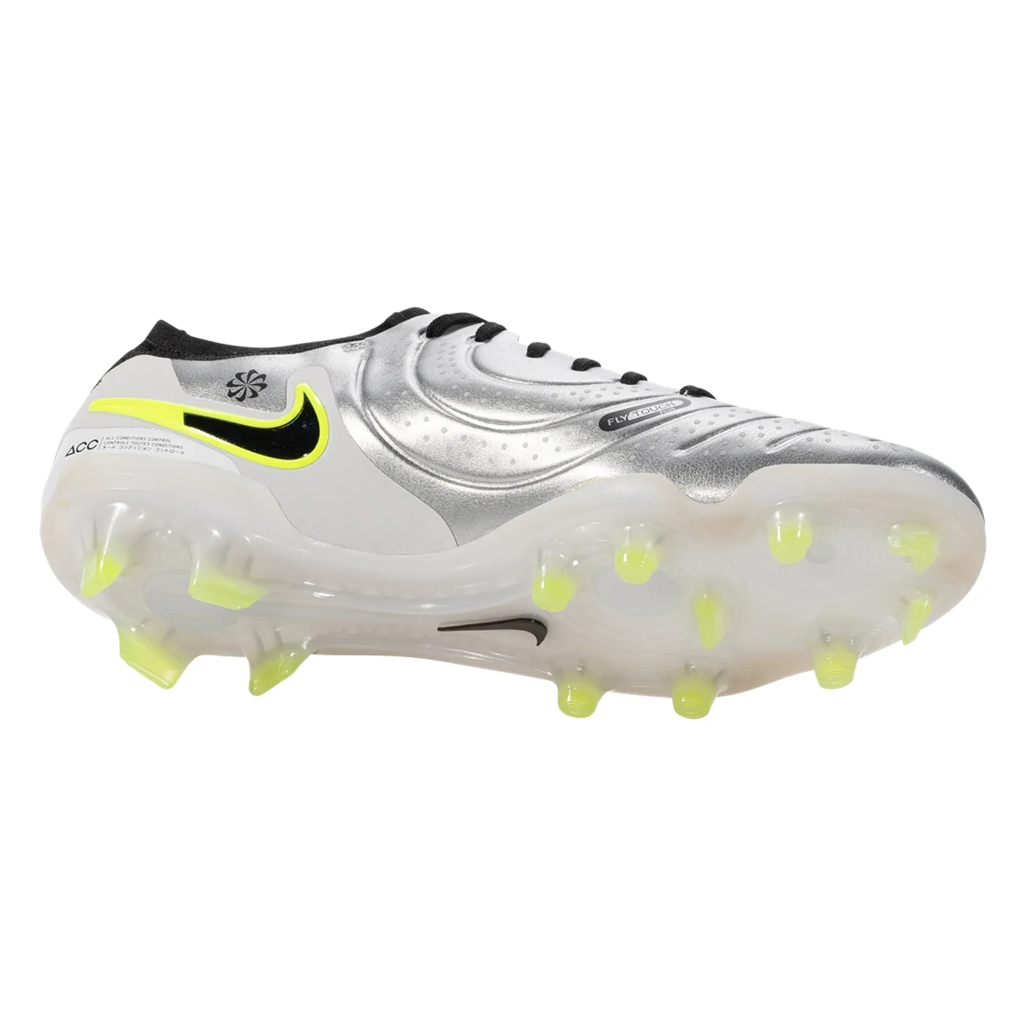 Nike Legend 10 Elite FG Soccer Cleats (Metallic Silver/Black-Volt) Slide Guard Foot Stability