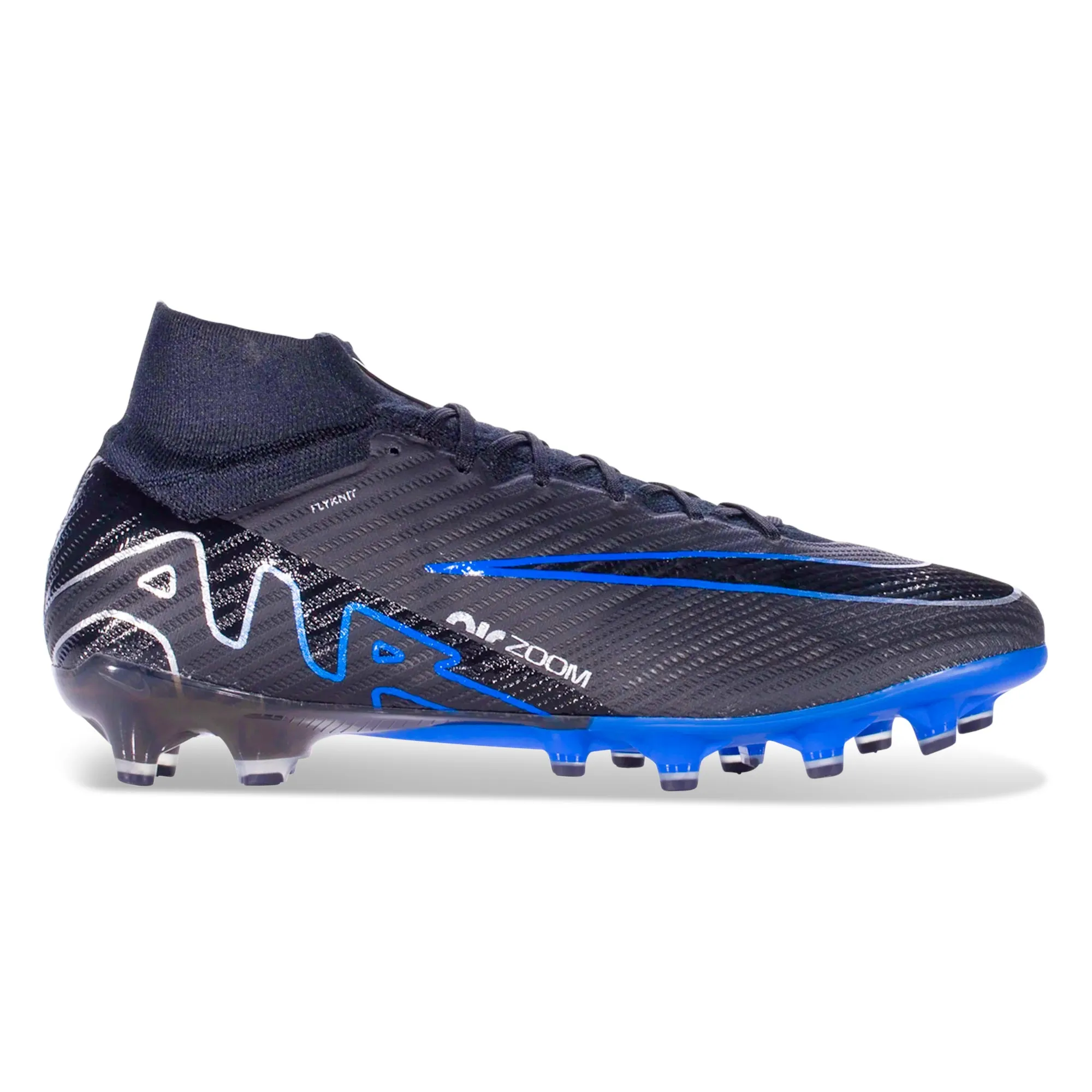 Nike Zoom Superfly 9 Elite AG-Pro Soccer Cleats (Black/Chrome-Hyper Royal) Heat-resistant Elastic Collar