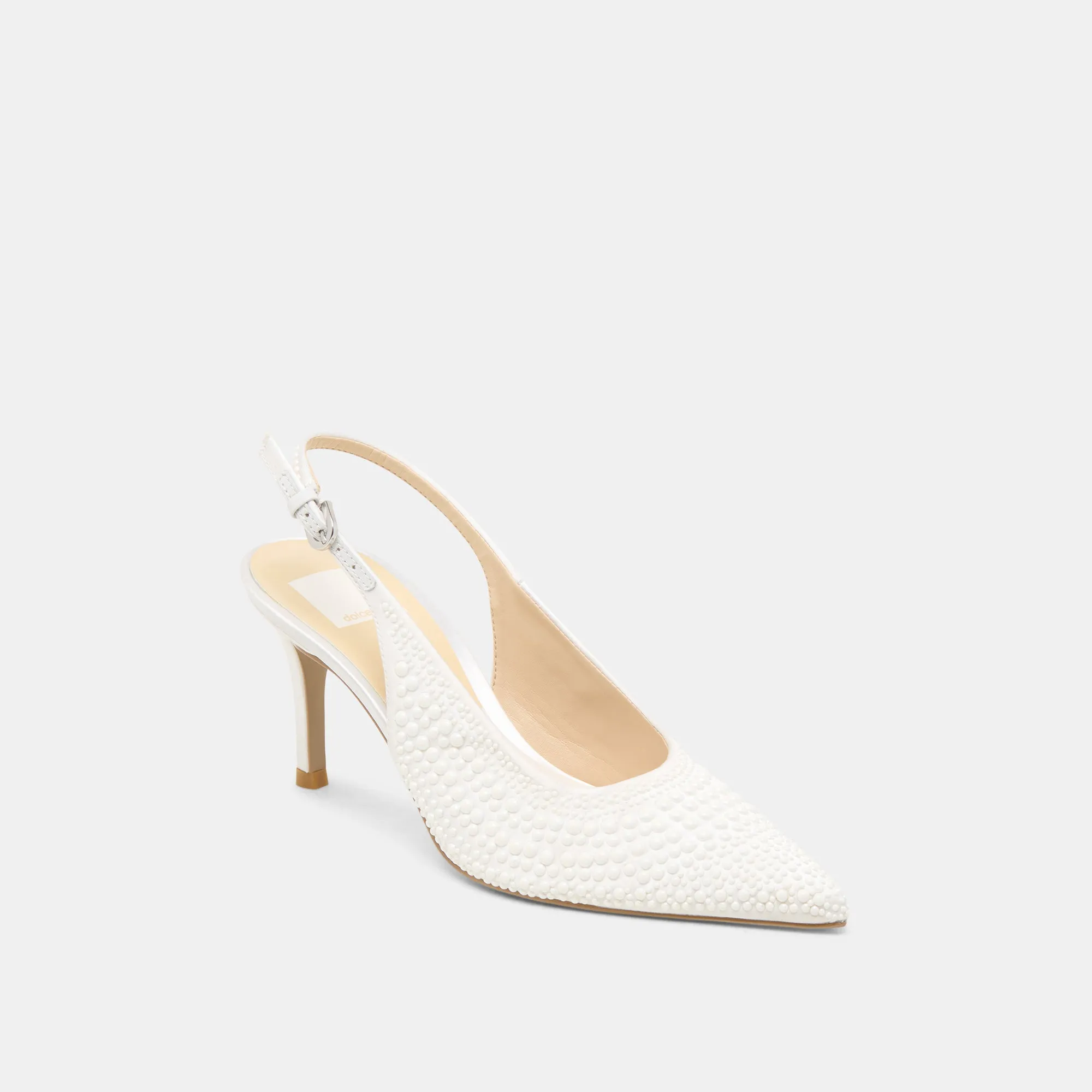 ELASI PEARL HEELS TRUE WHITE SATIN Comfortable Footbed Nude Pumps for Weddings