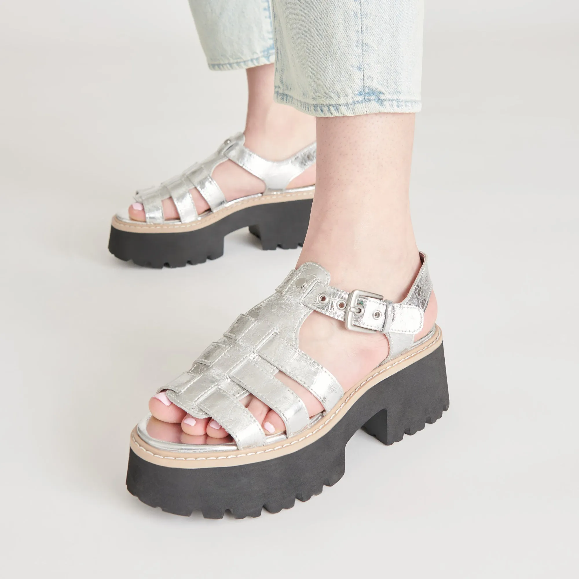 Minimal Design LATICE SANDALS SILVER DISTRESSED LEATHER