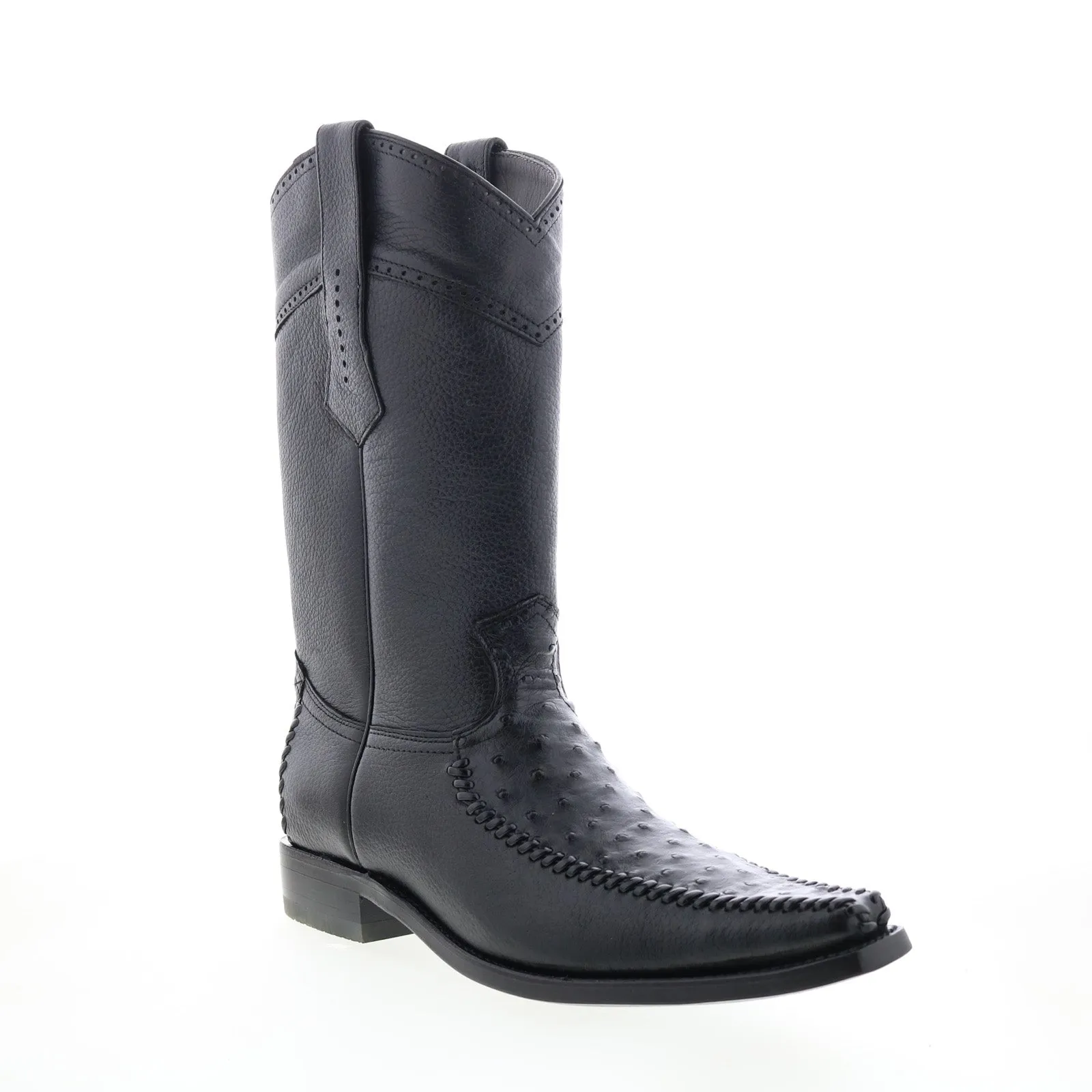 Los Altos European Toe Ostrich Deer Stitch Mens Black Wide Cowboy Western Boots Casual Wear