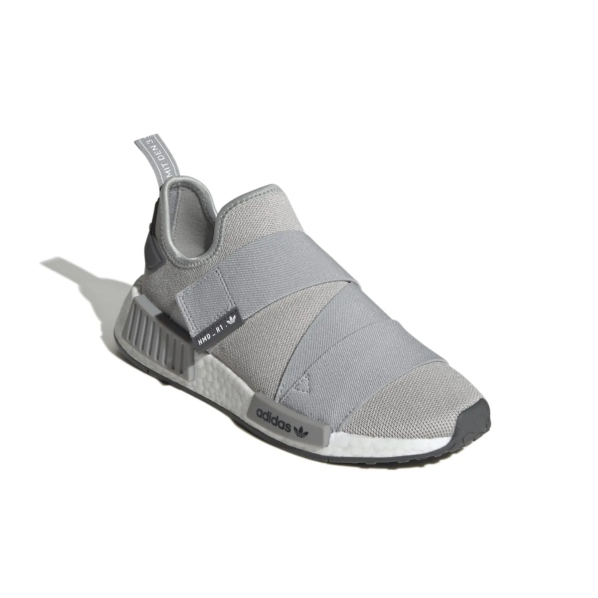 Dark ADIDAS GW9470 NMD_R1 STRAP WMN'S (Medium)  Gray/White/Gray Stretch Knit Running Shoes